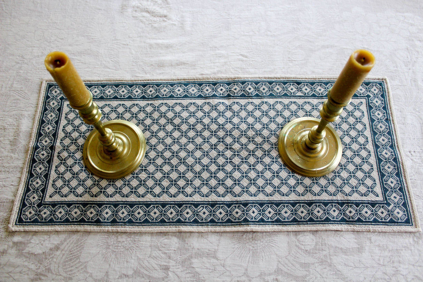 folk embroidery table runner in blue