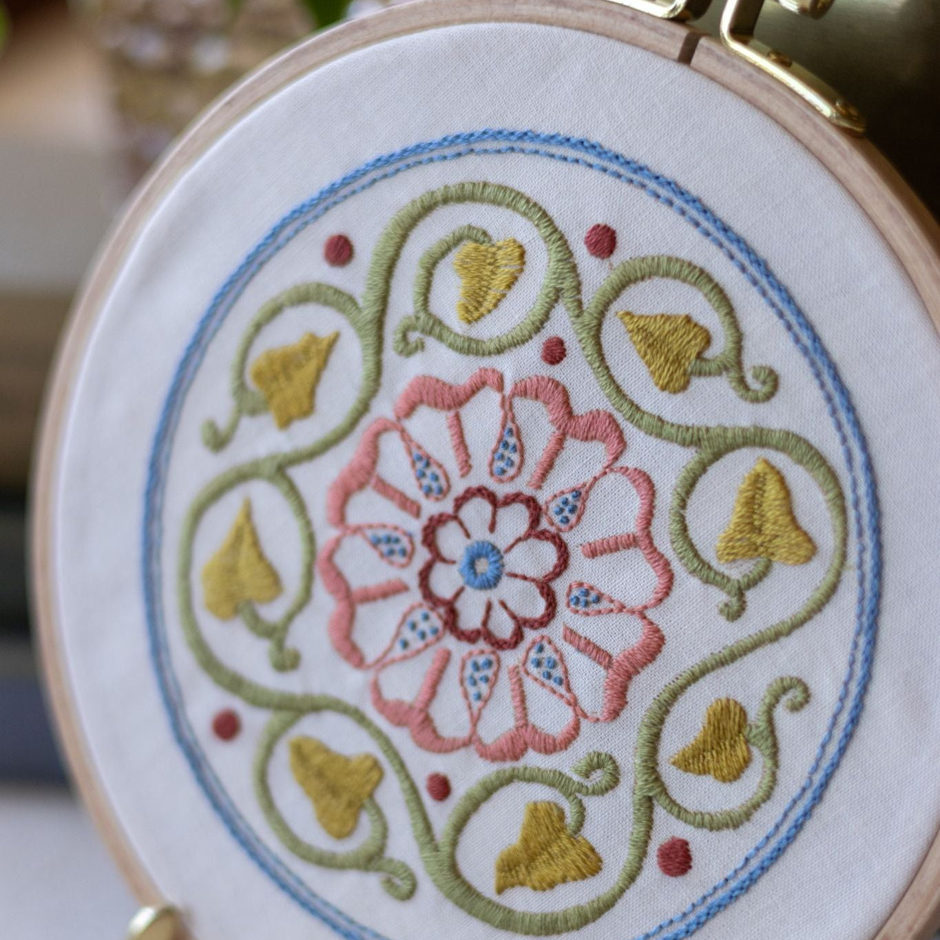Embroidery hoop with floral design on a white background