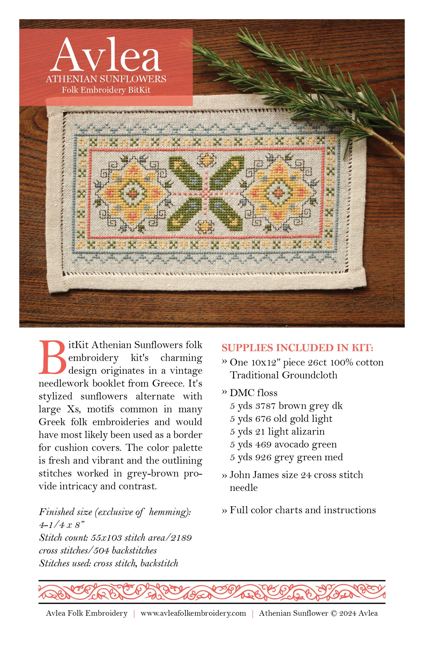 BitKit Athenian Sunflower folk embroidery PDF pattern