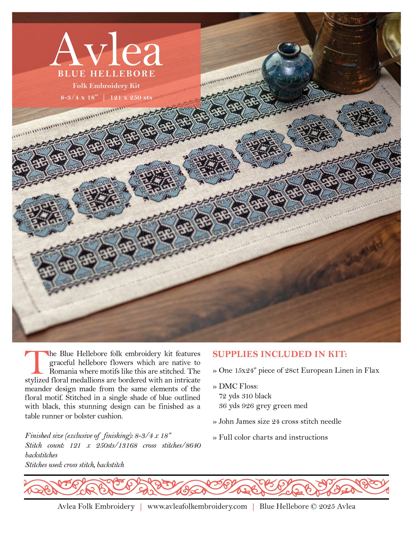 'NEW! Blue Hellebore cross stitch folk embroidery kit