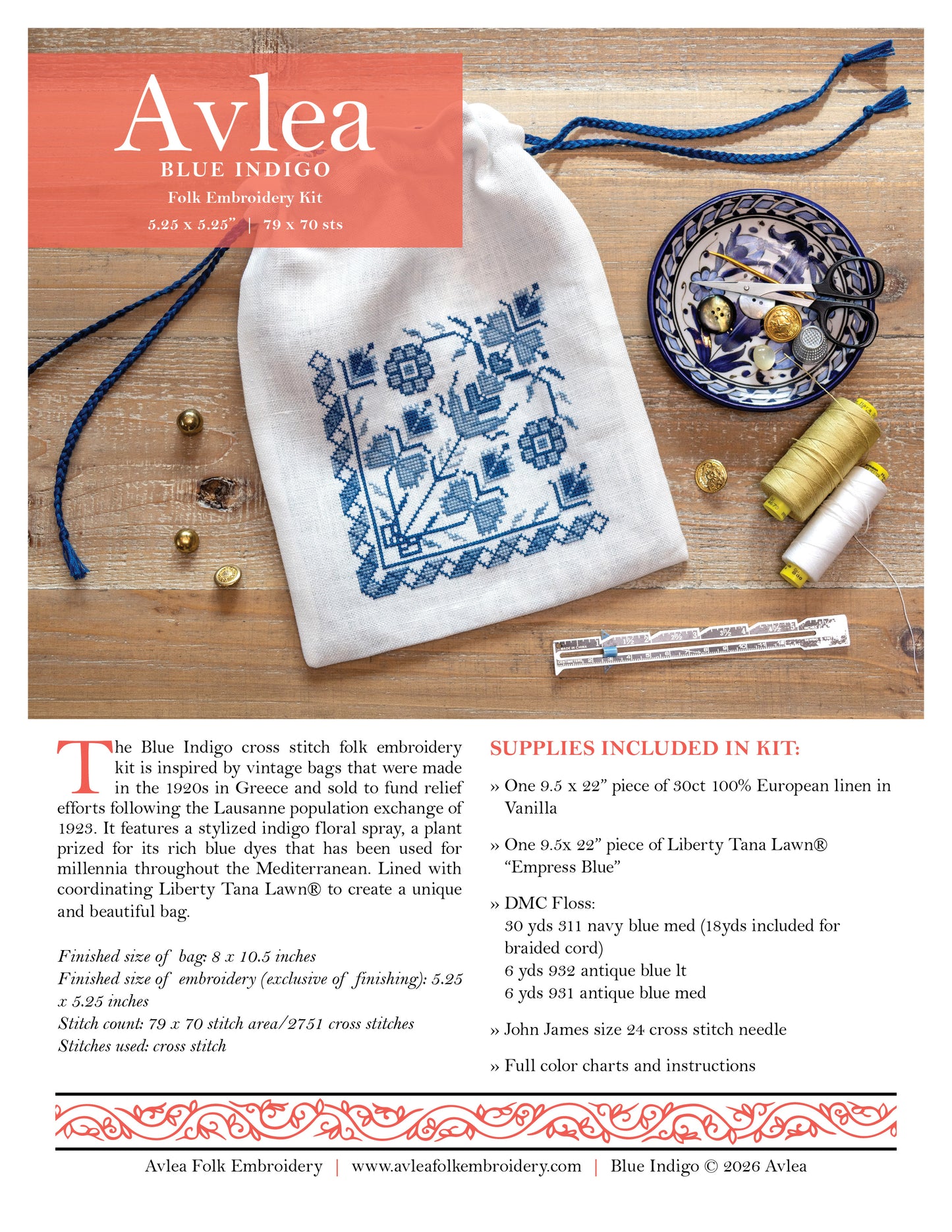 'NEW! Blue Indigo bag cross stitch folk embroidery kit