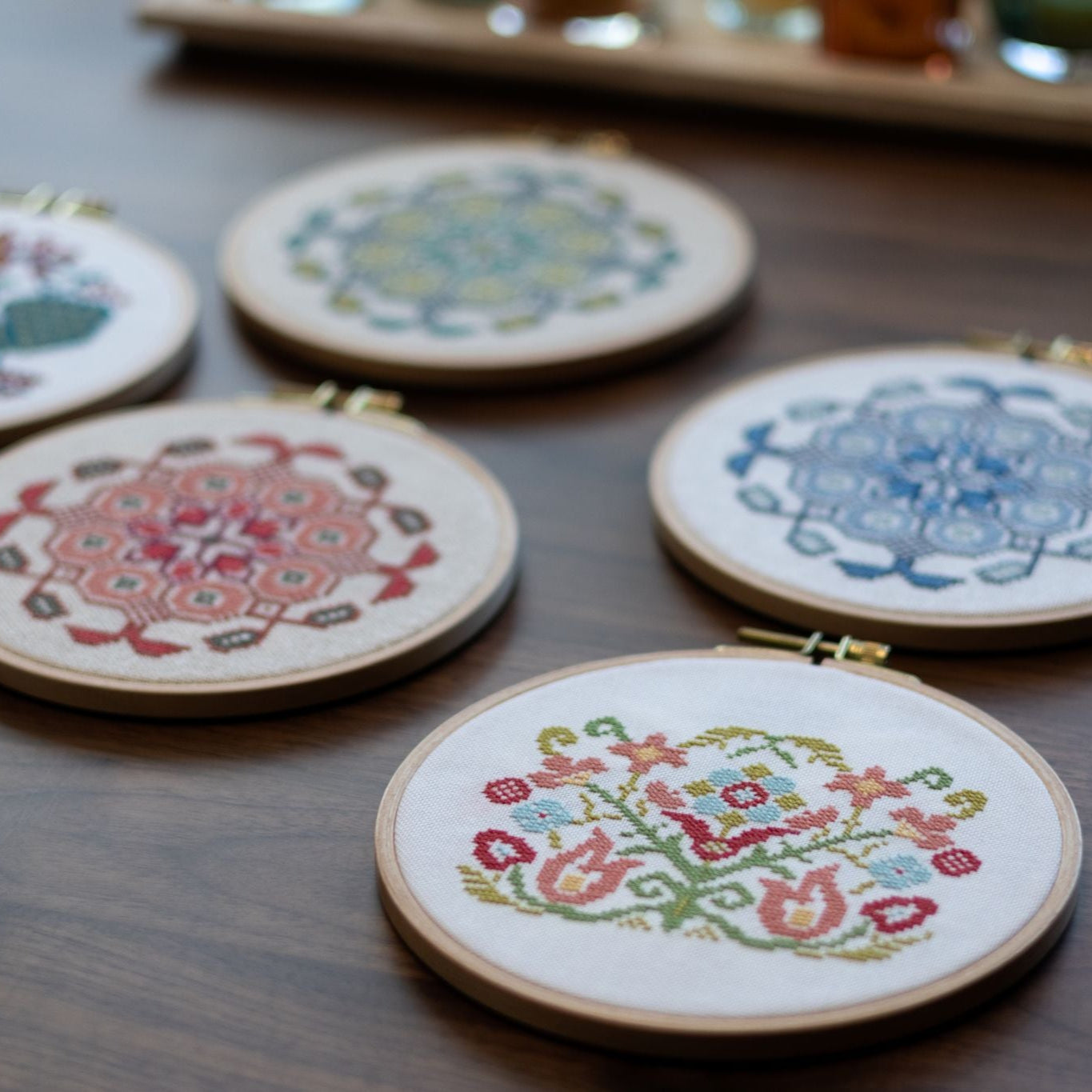 cross stitch hoop craft kit with mediterranean medallion design