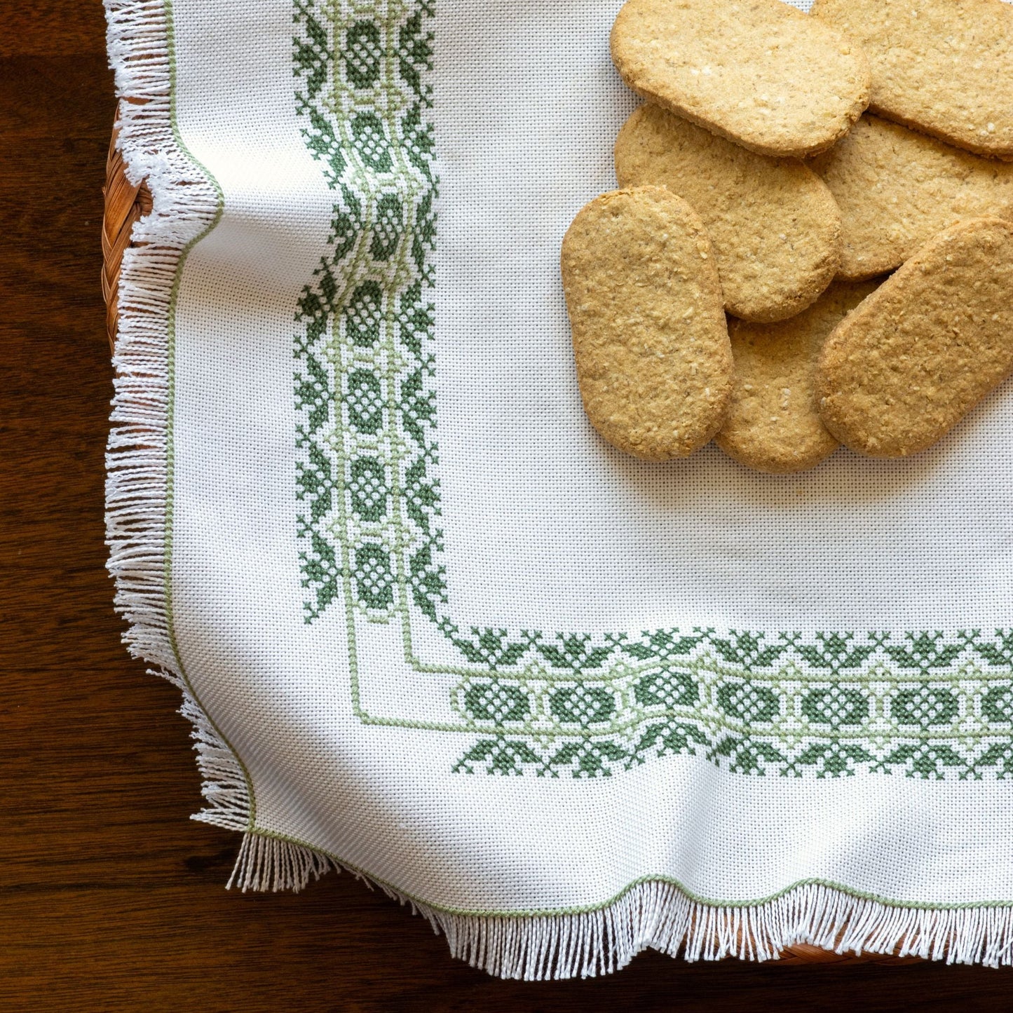 folk embroidery cross stitch basket cloth with plant and cookies
