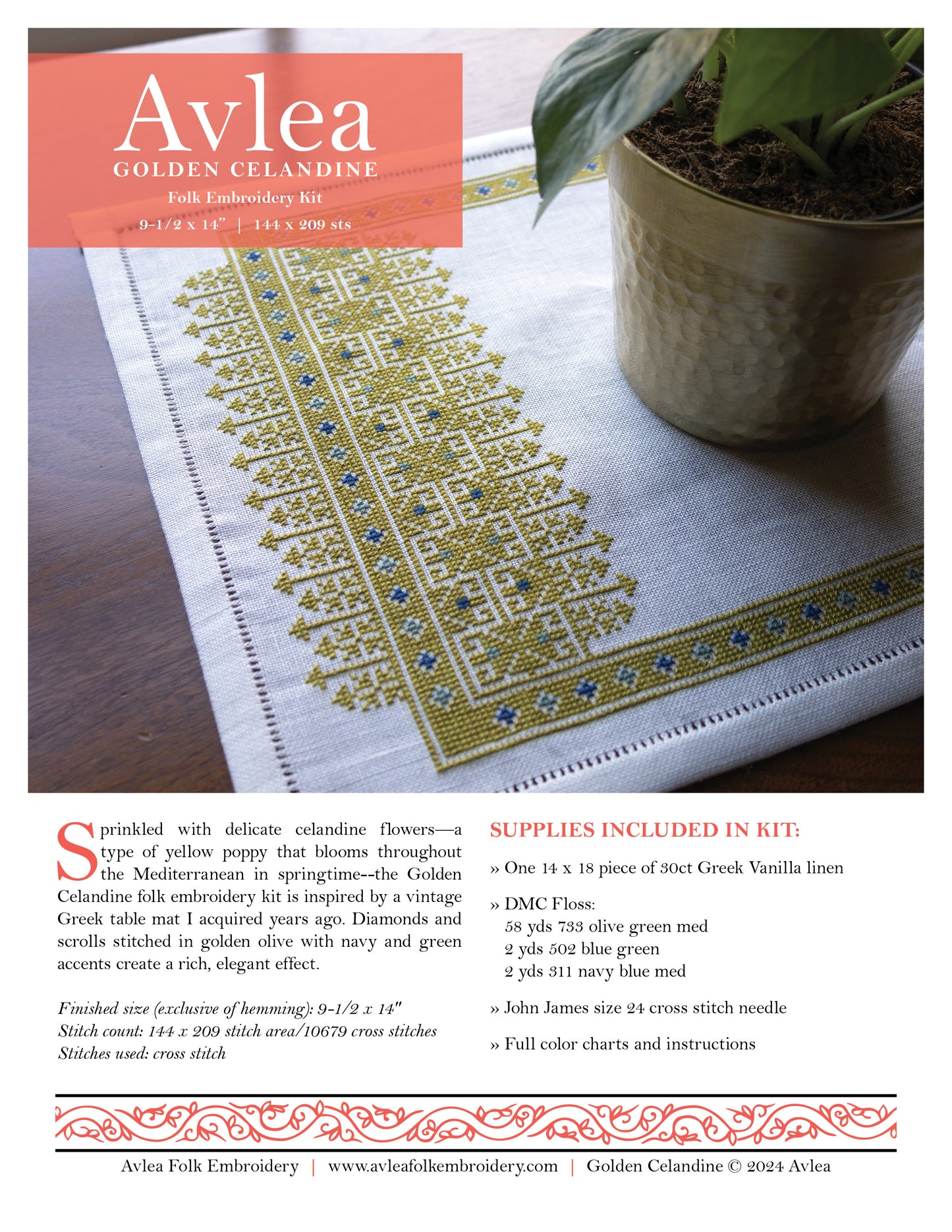 Golden Celandine cross stitch folk embroidery kit