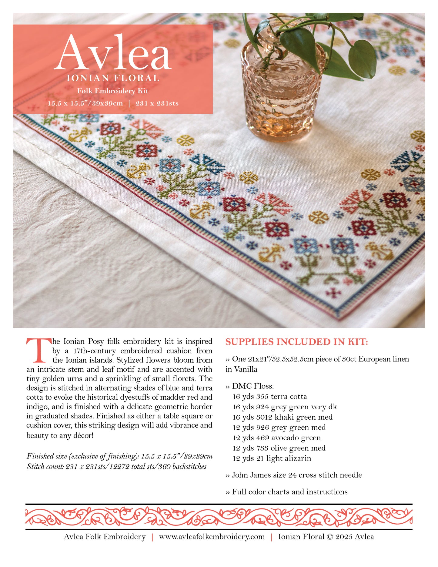 Ionian Floral cross stitch folk embroidery kit