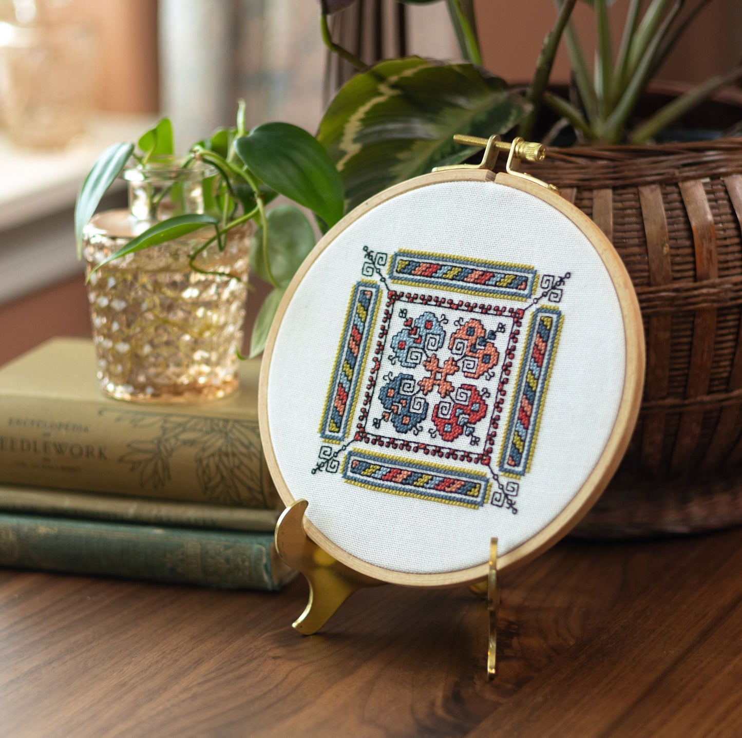 Kalamata Courtyard cross stitch hoop PDF pattern