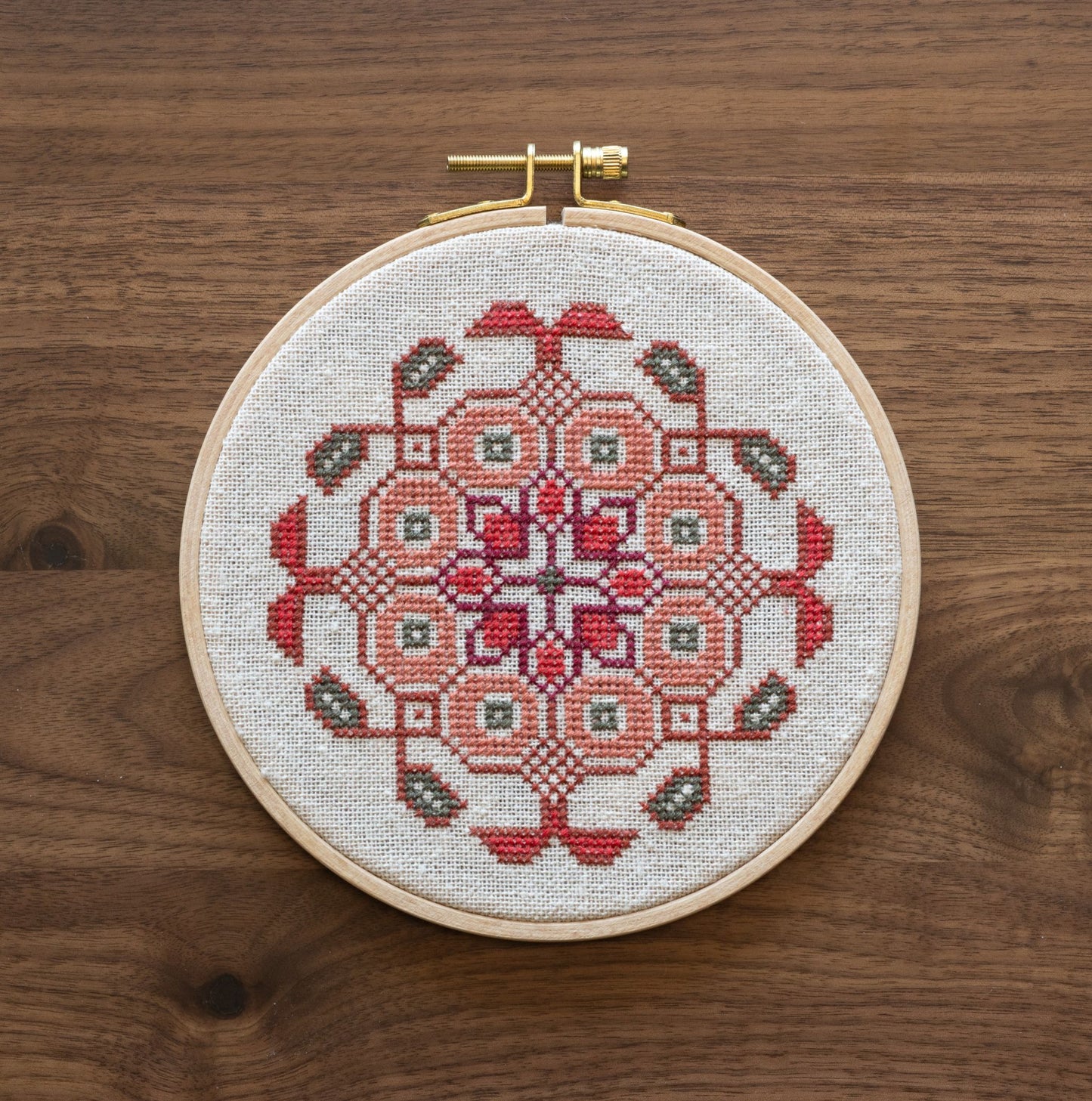 Mediterranean Medallion Coral cross stitch hoop PDF pattern