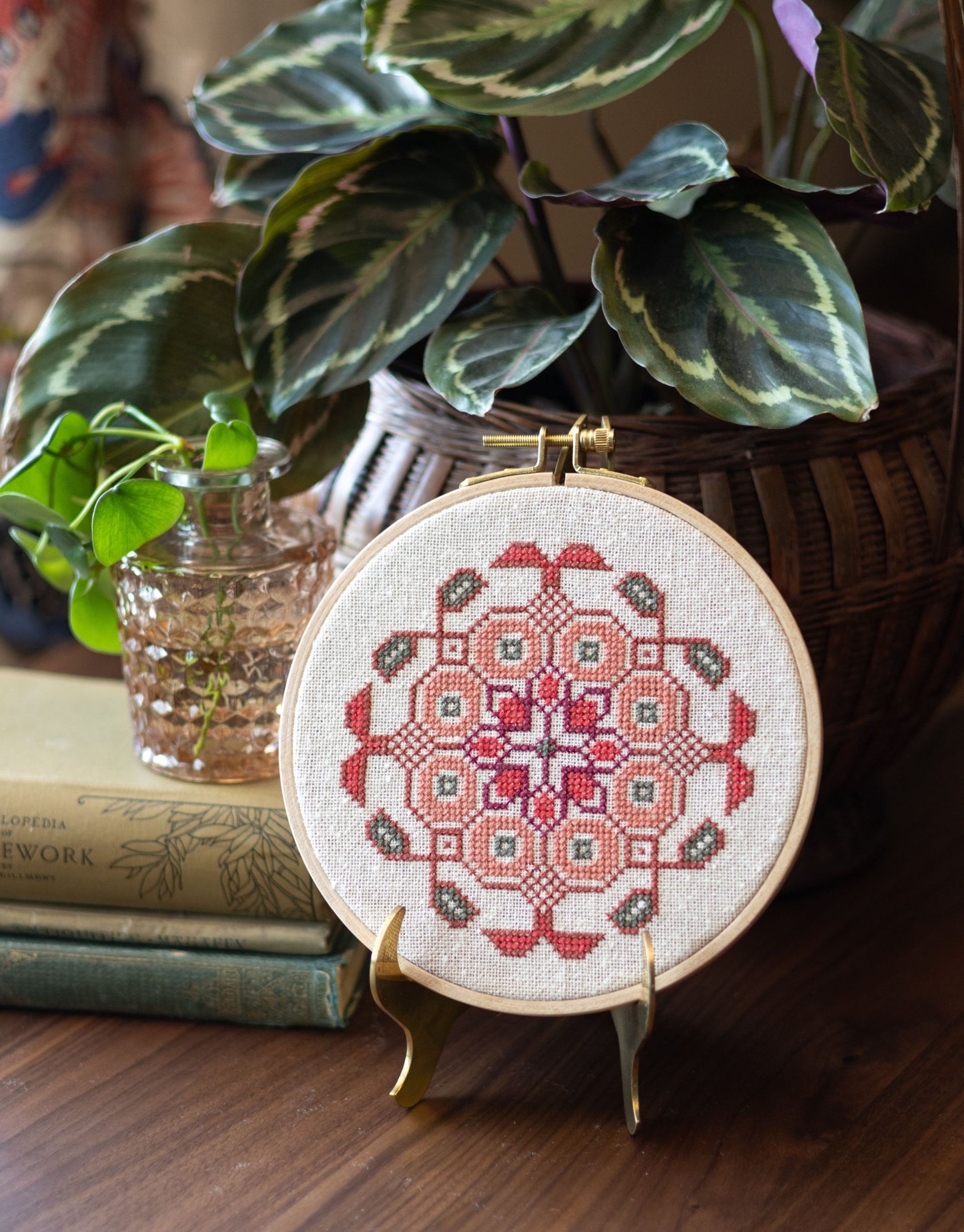 Mediterranean Medallion Coral cross stitch hoop PDF pattern