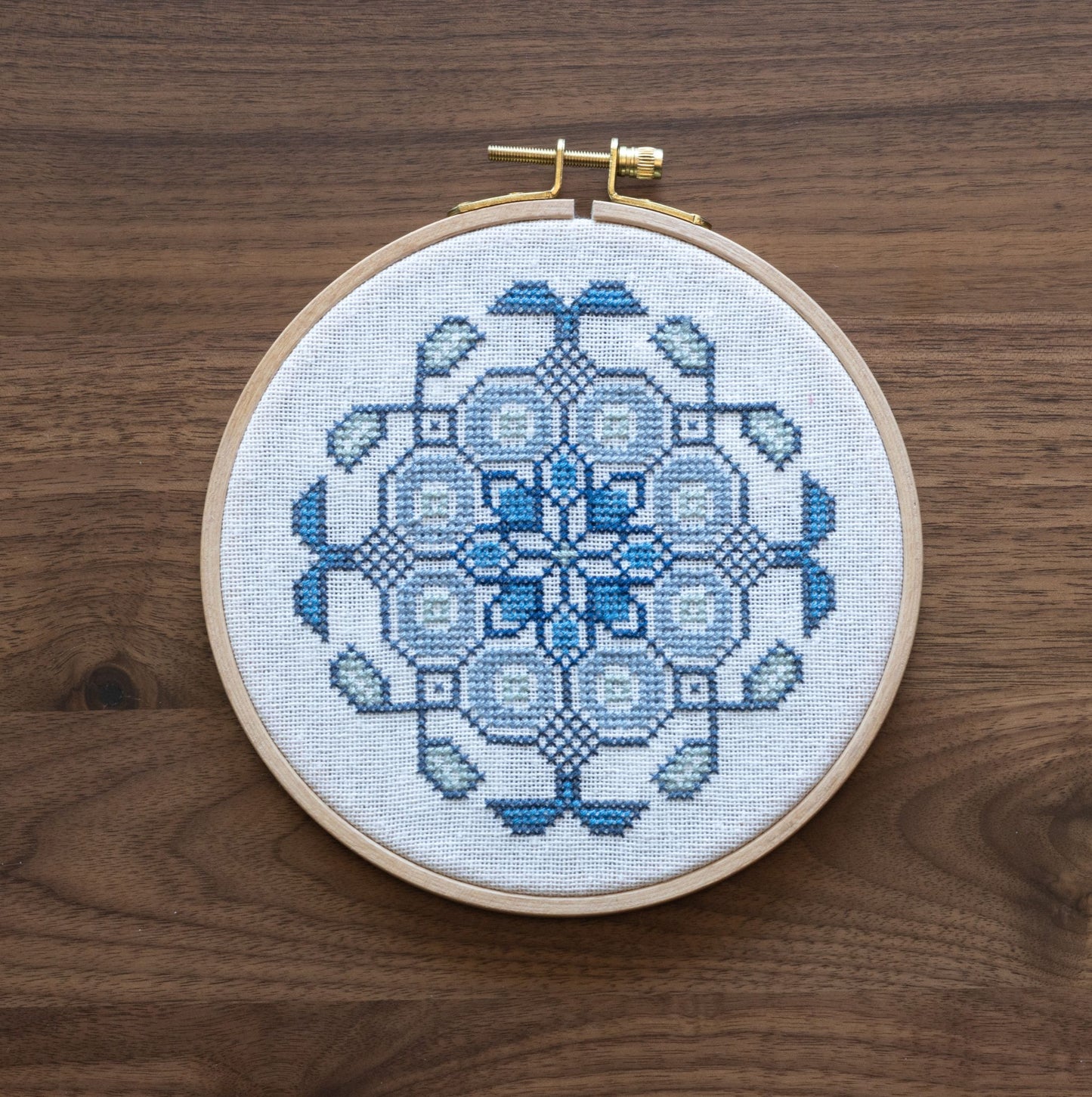 Mediterranean Medallion Indigo cross stitch hoop PDF pattern