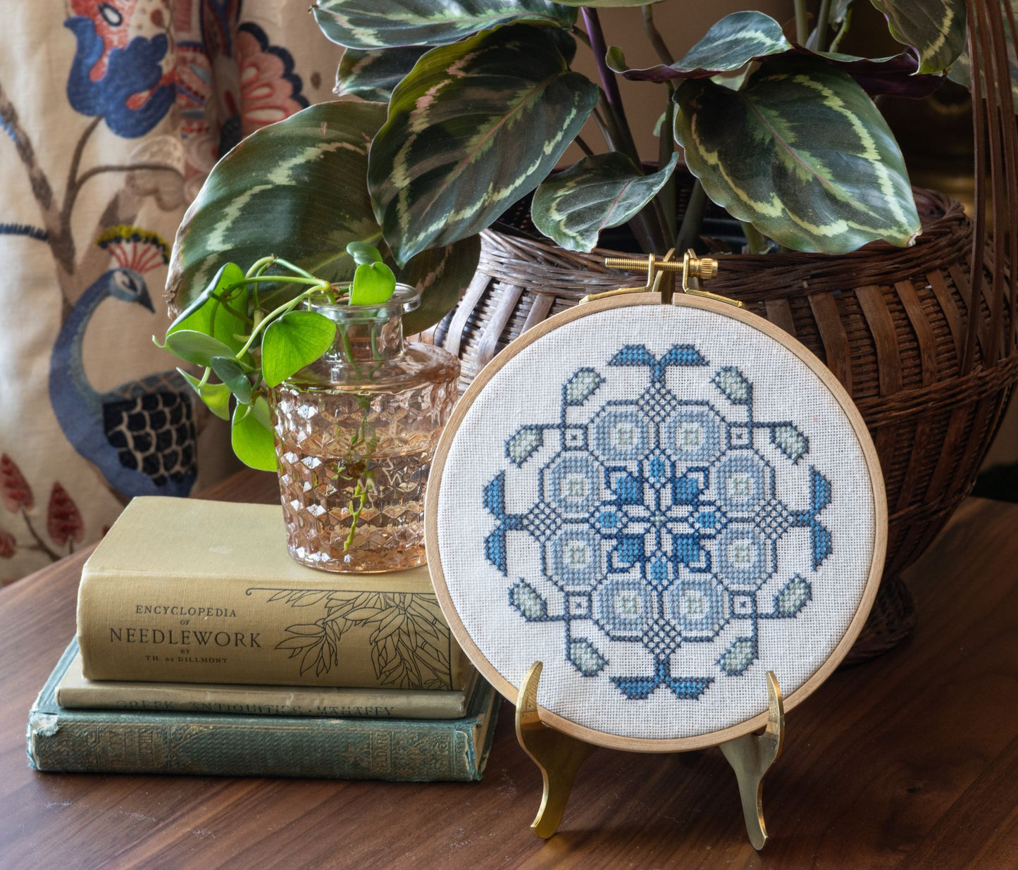 Mediterranean Medallion Indigo cross stitch hoop PDF pattern
