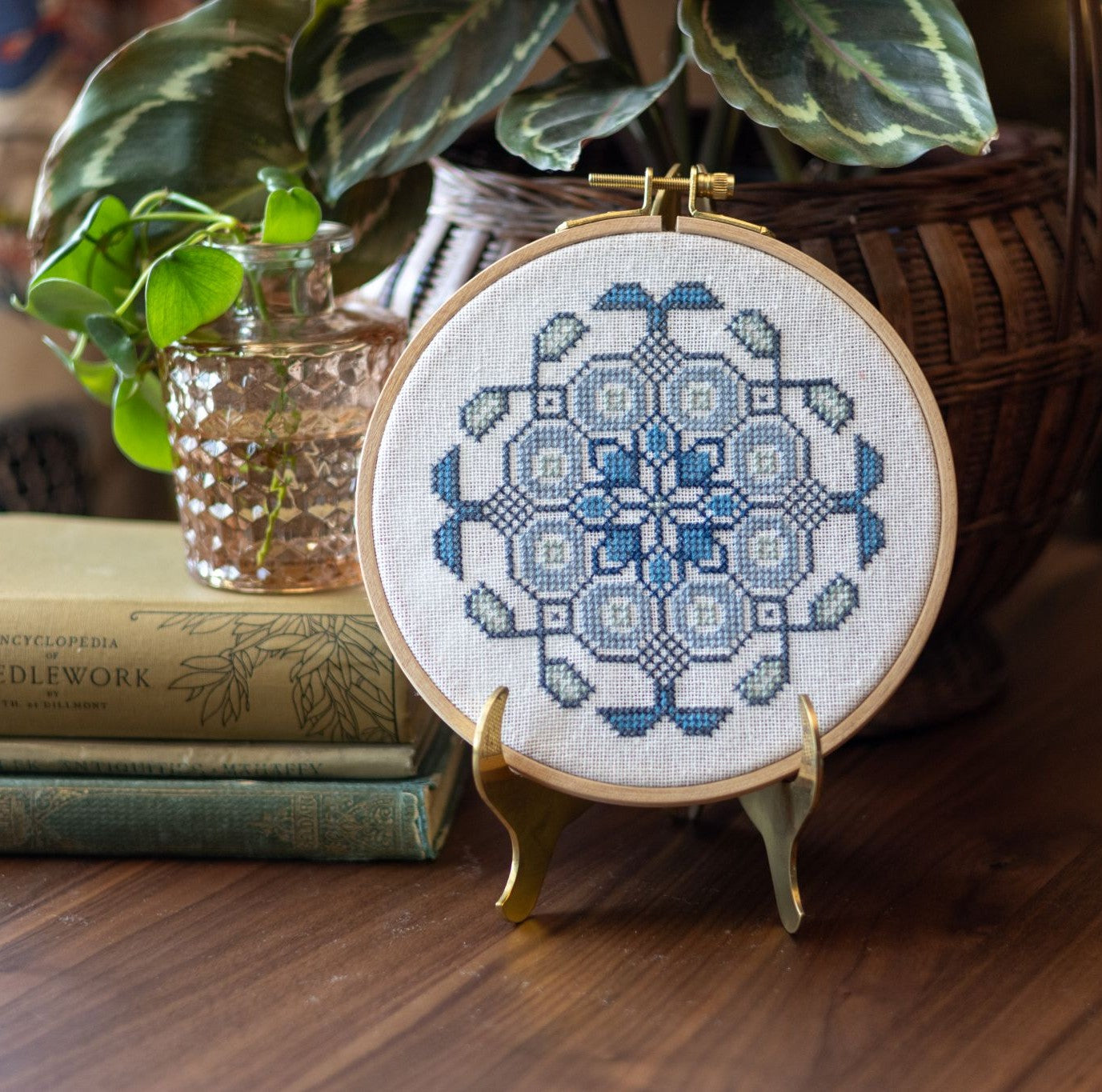 Mediterranean Medallion Indigo cross stitch hoop PDF pattern