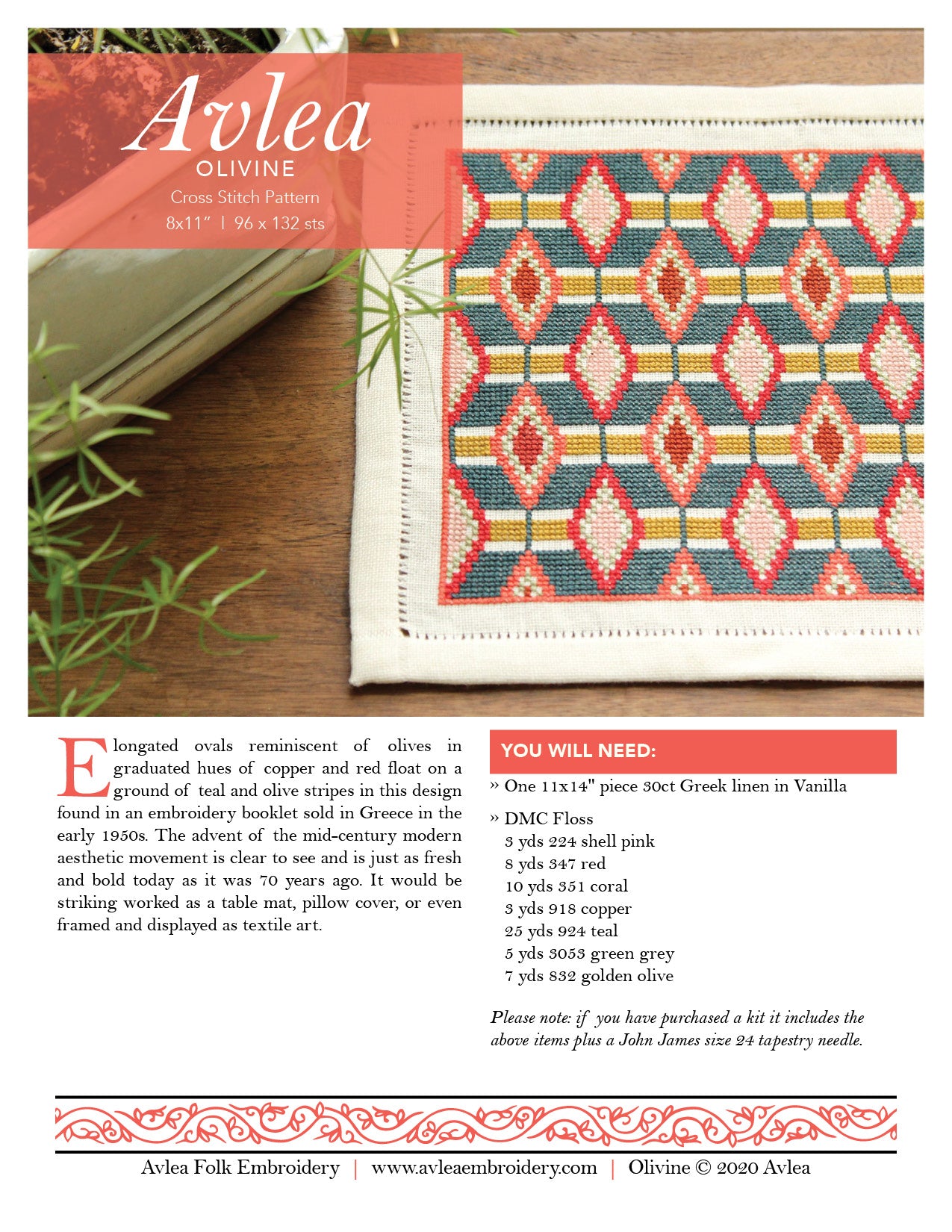 Olivine folk embroidery PDF pattern