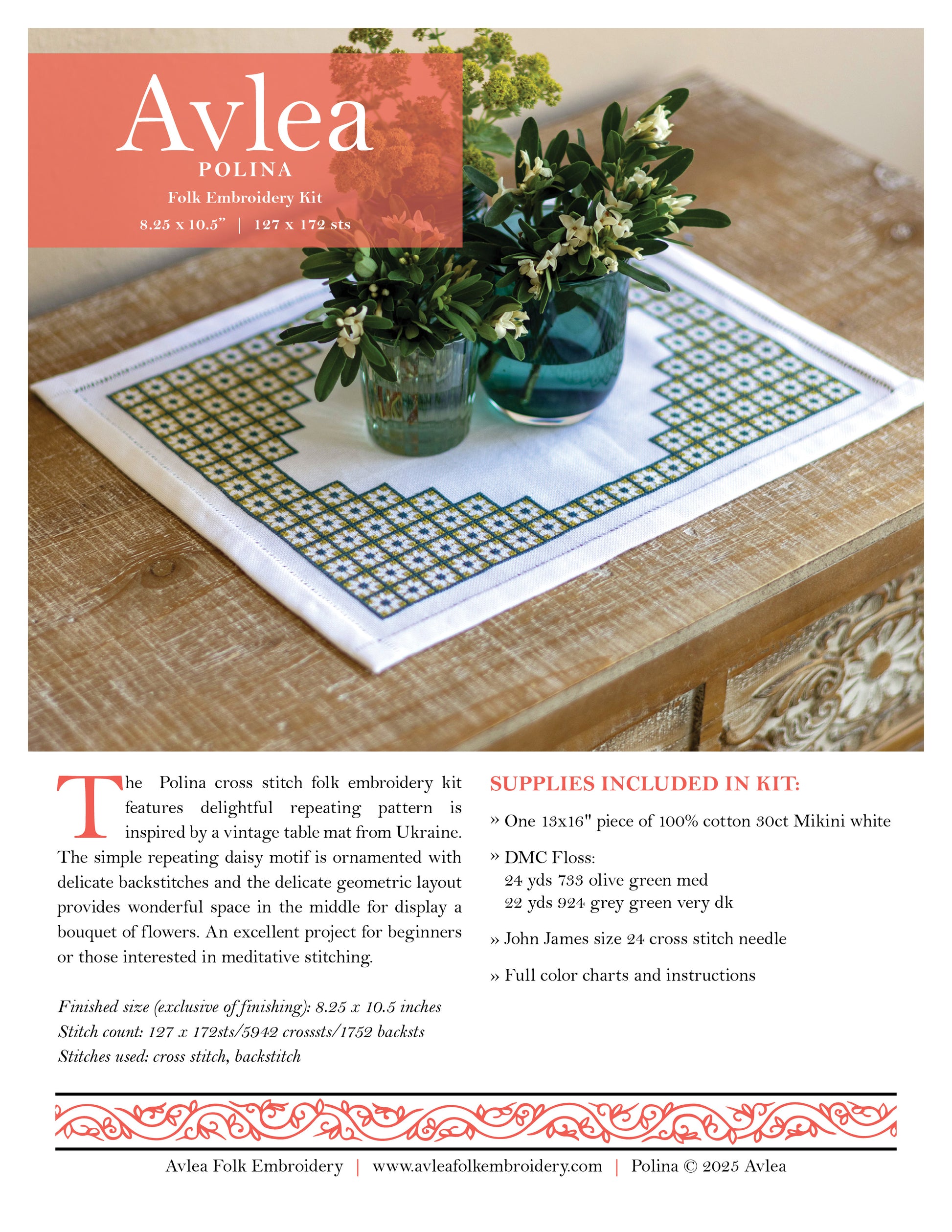 Avlea Polina embroidery kit with a table setting and flowers on a wooden surface