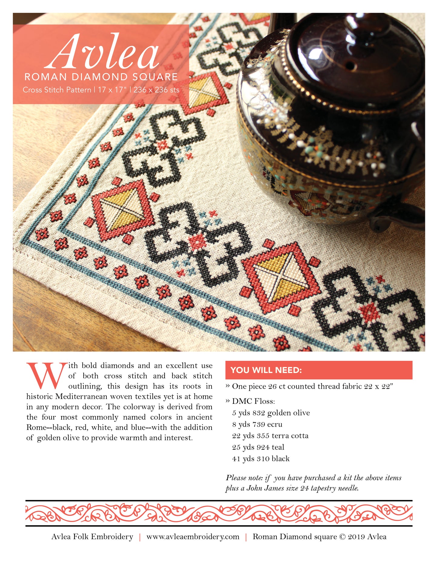 Roman Diamonds cross stitch folk embroidery PDF pattern