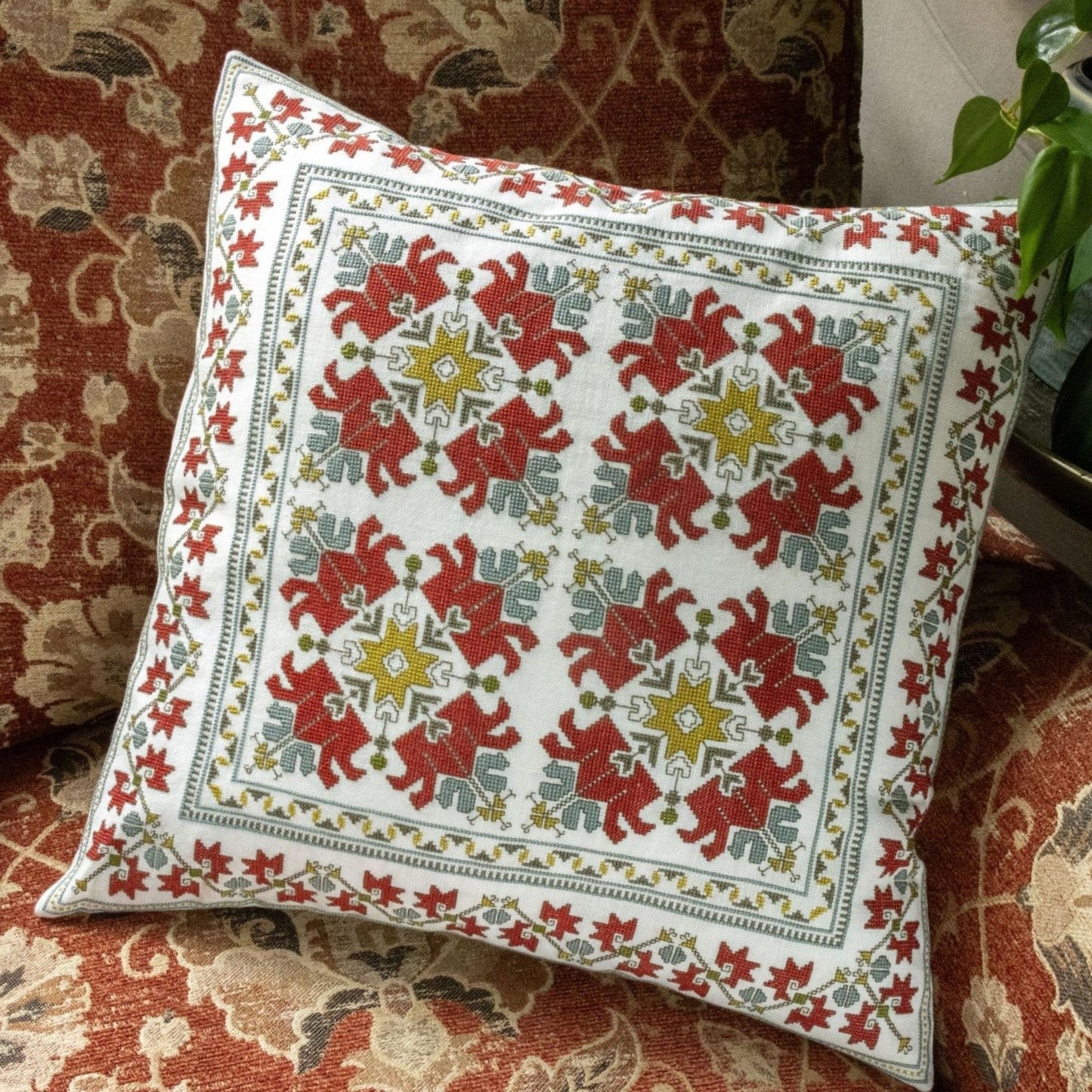cross stitch folk embroidery cushion with Bulgarian tulip design