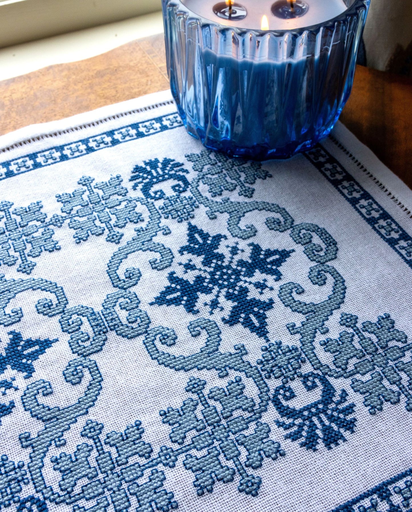 cross stitch folk embroidery table runner with greek blue design
