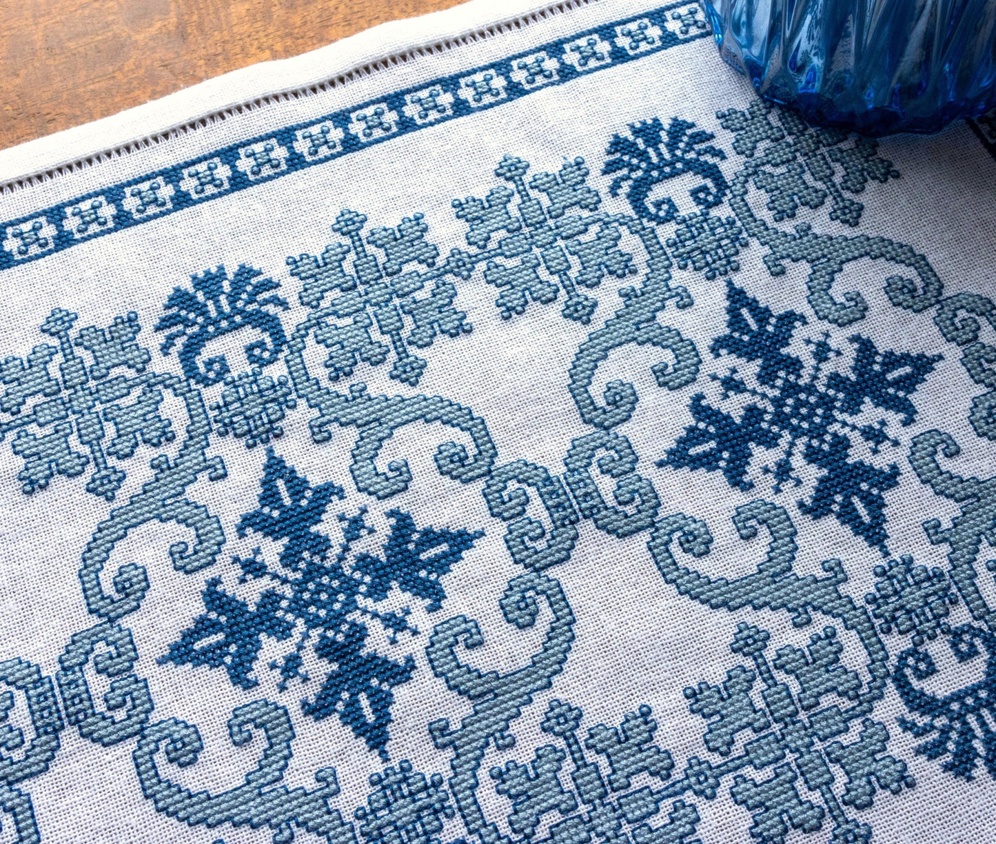cross stitch folk embroidery table runner with greek blue design