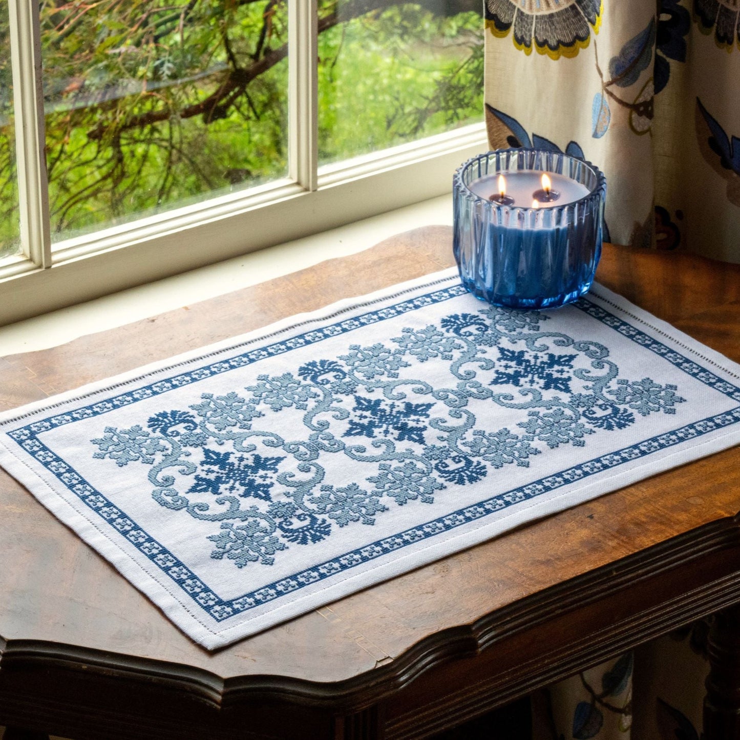 cross stitch folk embroidery table runner with greek blue design