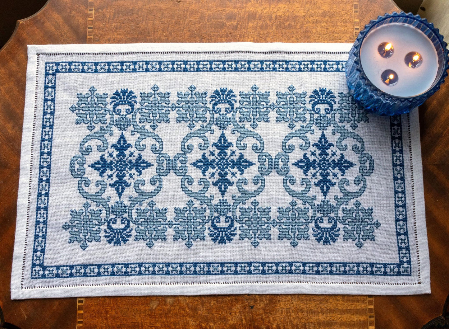cross stitch folk embroidery table runner with greek blue design