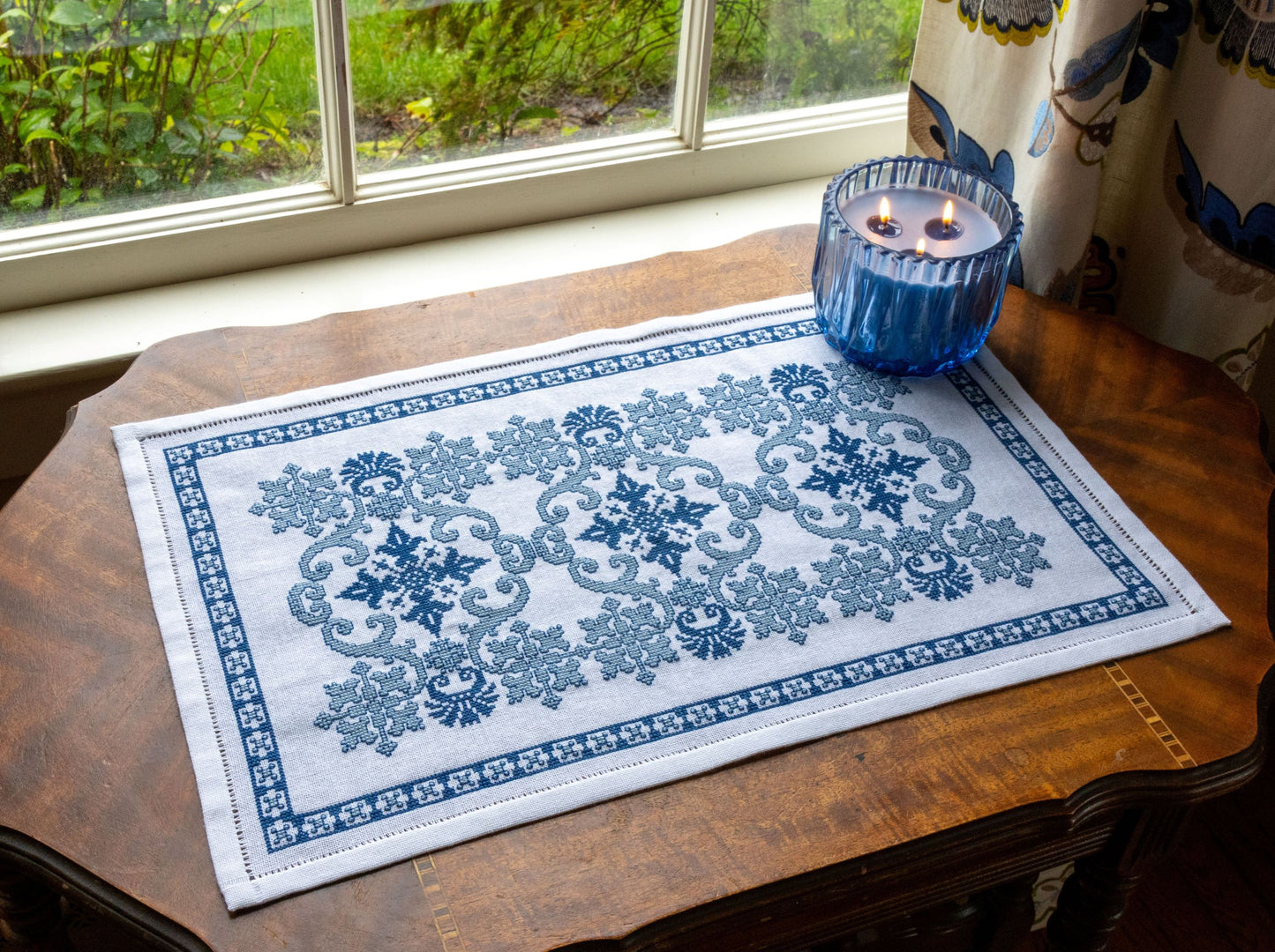 cross stitch folk embroidery table runner with greek blue design