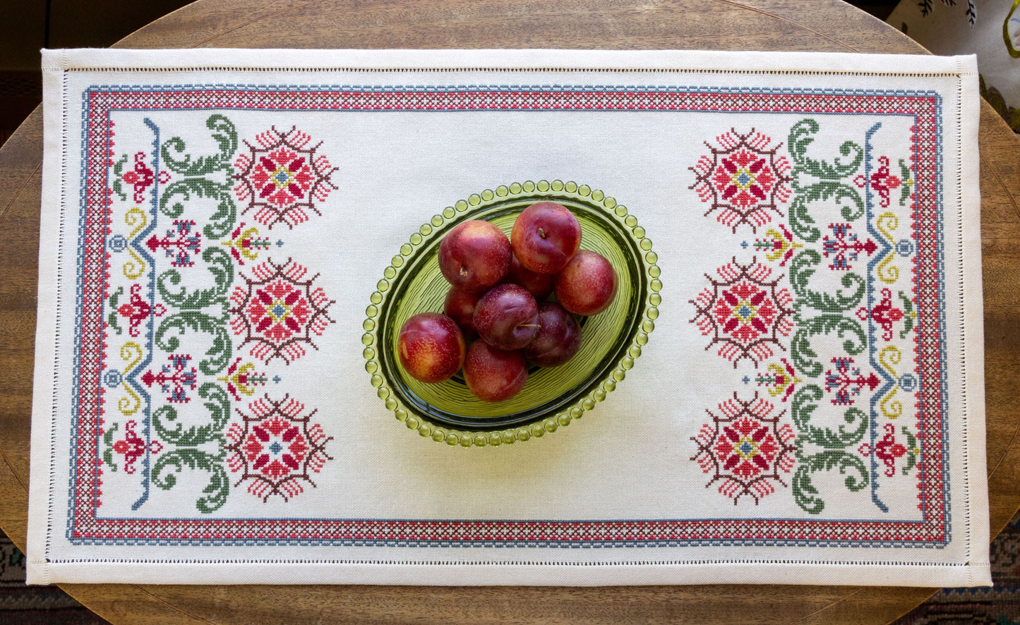 cross stitch folk embroidery table runner with red flowers