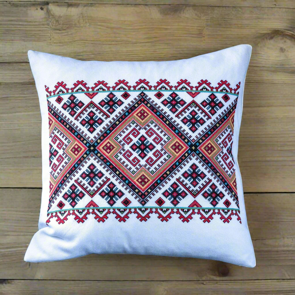 cushion with Ukrainian cross stitch folk embroidery design