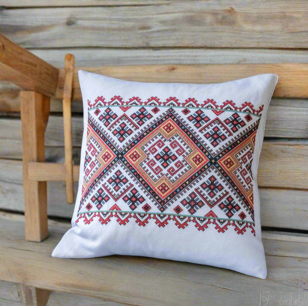 cushion with Ukrainian cross stitch folk embroidery design