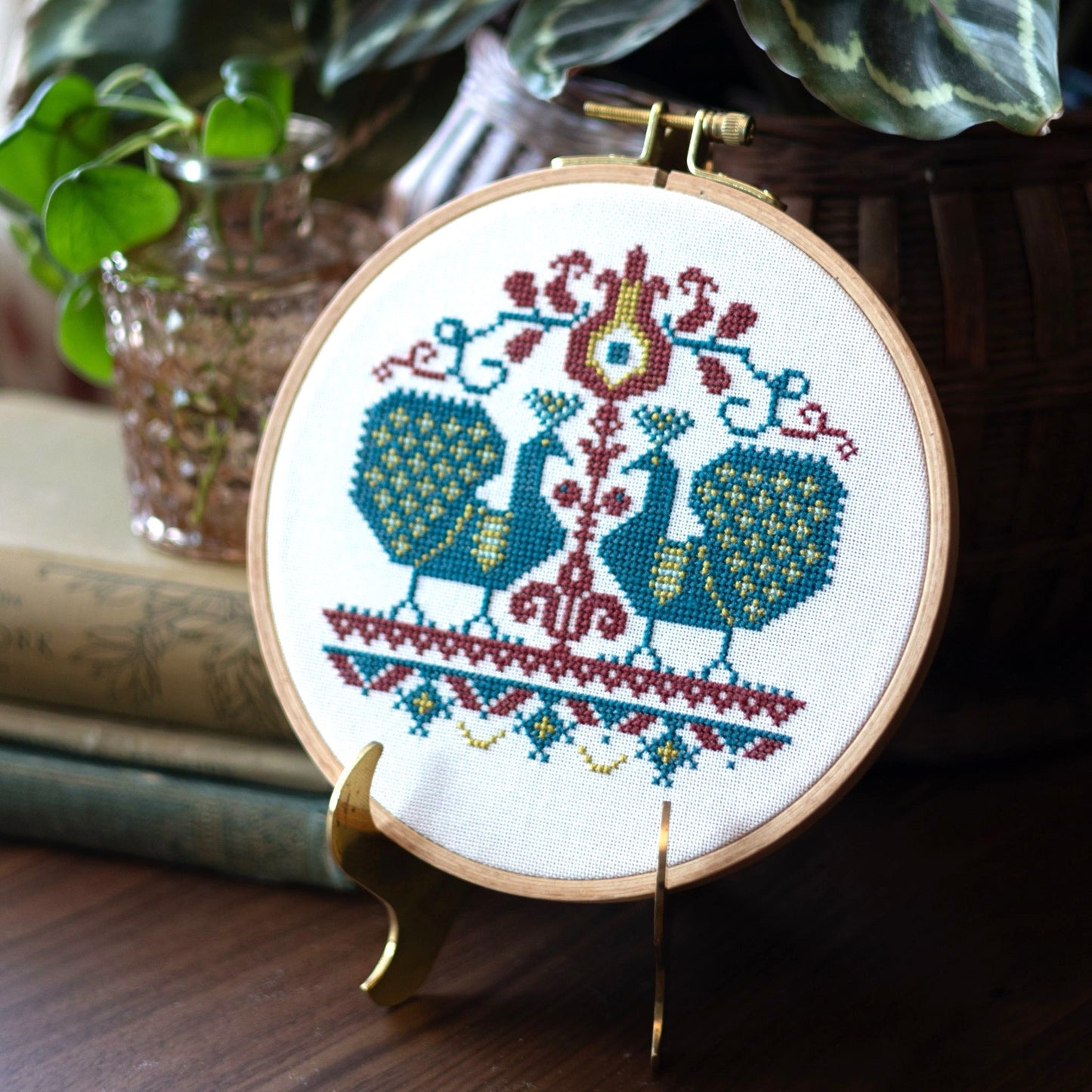 Vlachernai Peacocks cross stitch hoop PDF pattern