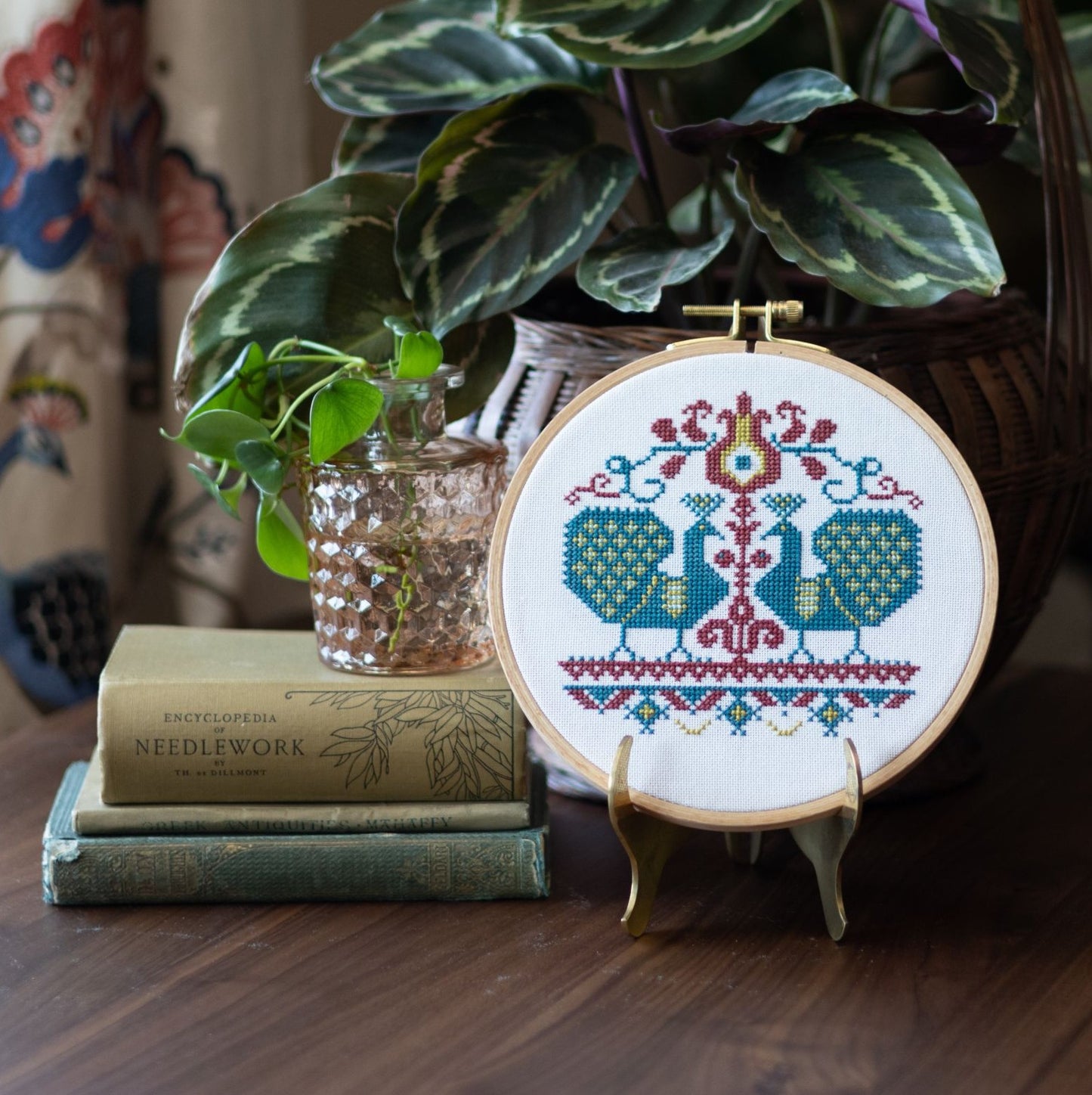 Vlachernai Peacocks cross stitch hoop PDF pattern