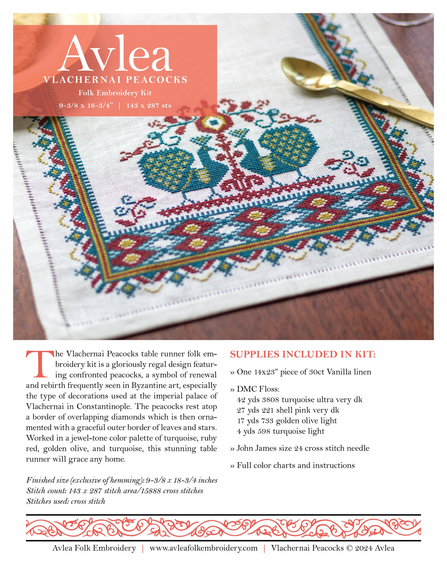 Vlachernai Peacocks cross stitch folk embroidery kit