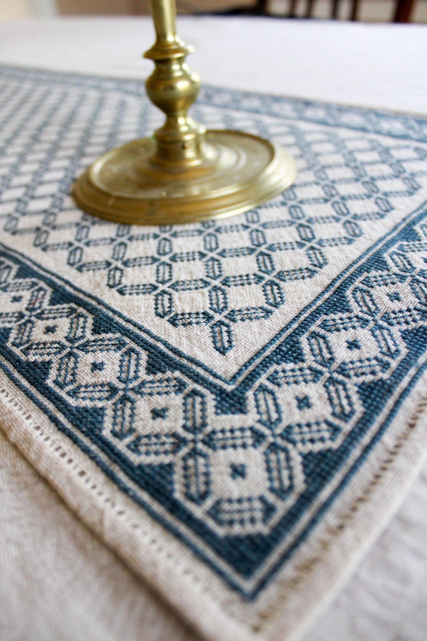 folk embroidery table runner in blue