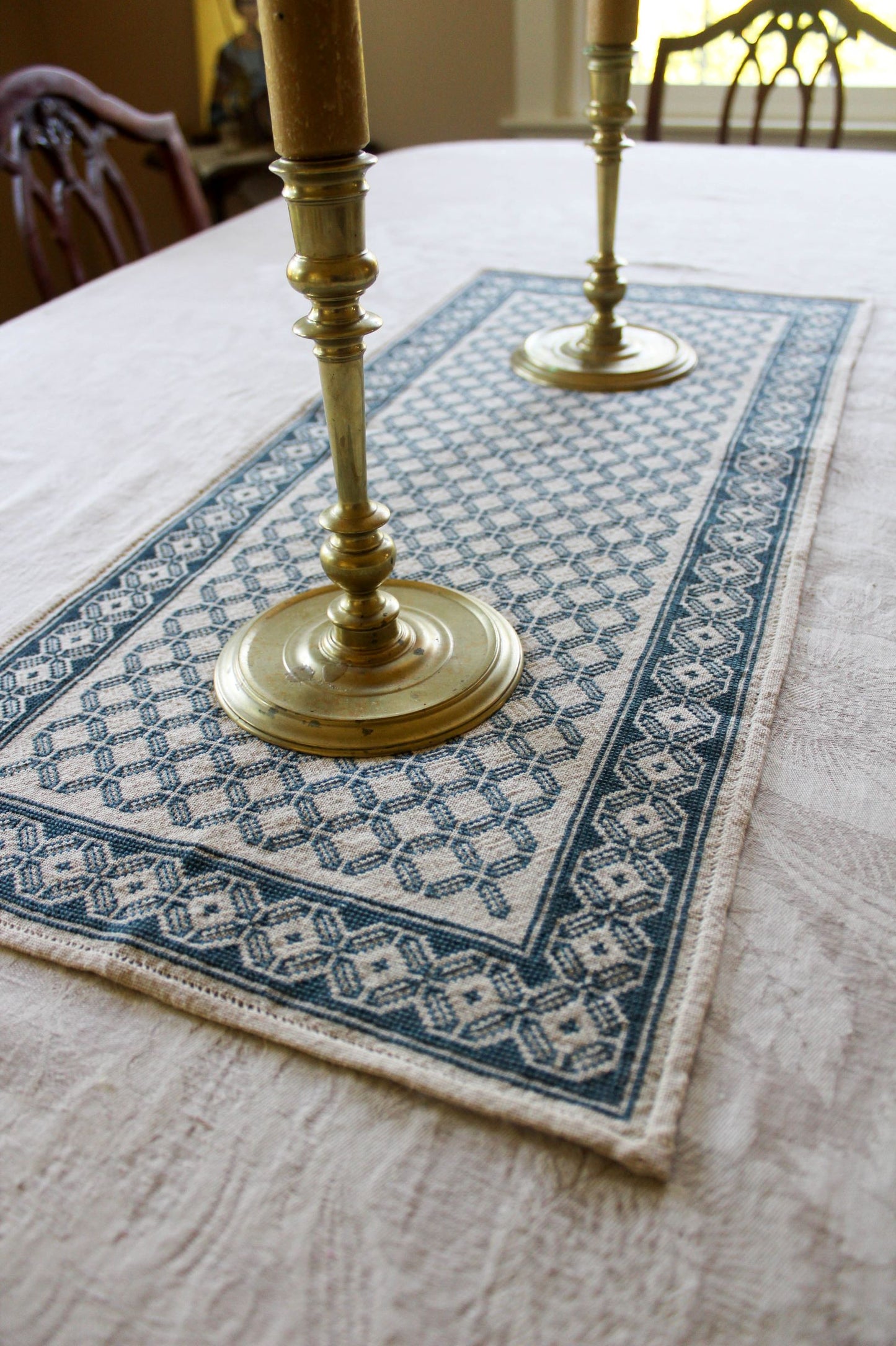 folk embroidery table runner in blue