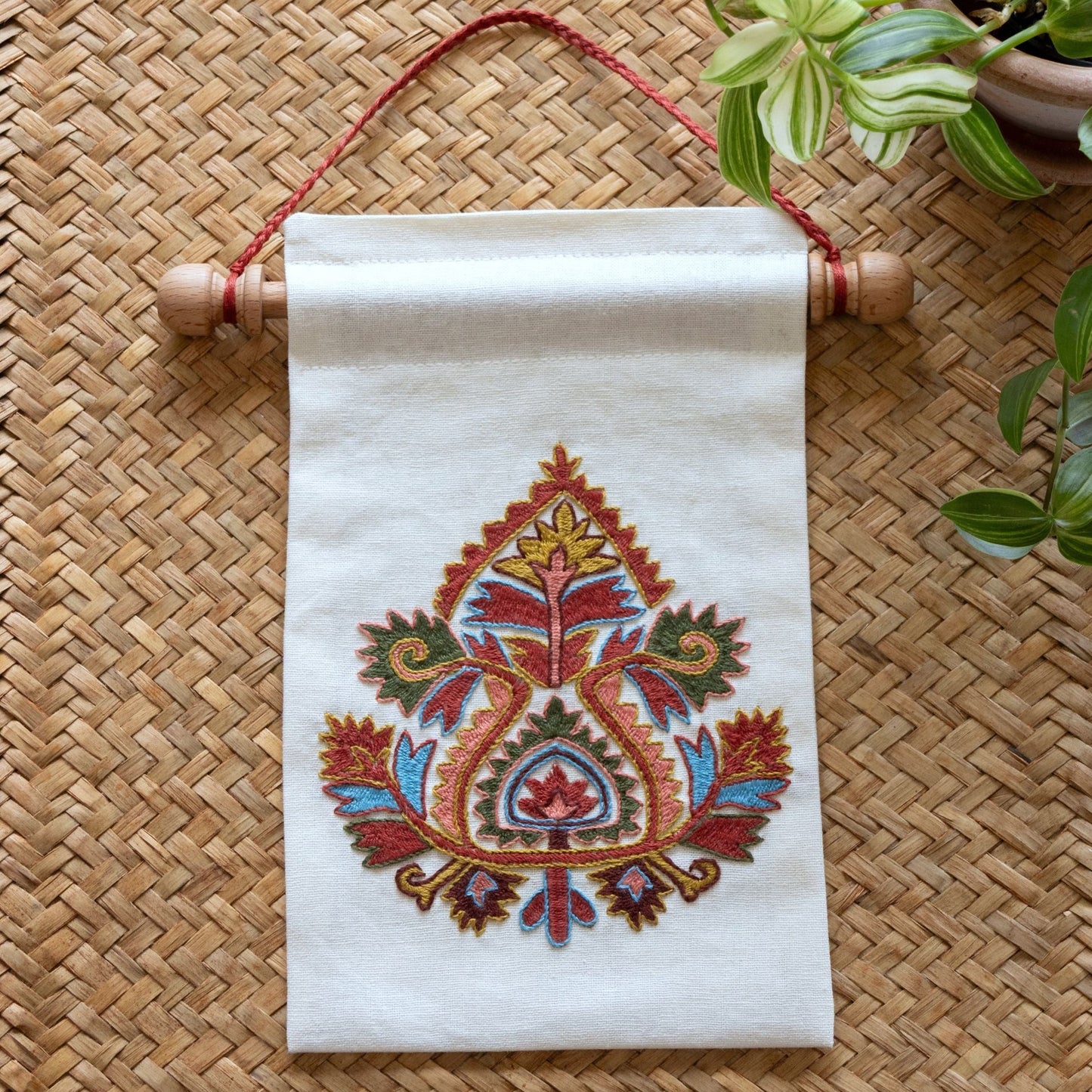greek folk embroidery mini wall hanging with floral motif