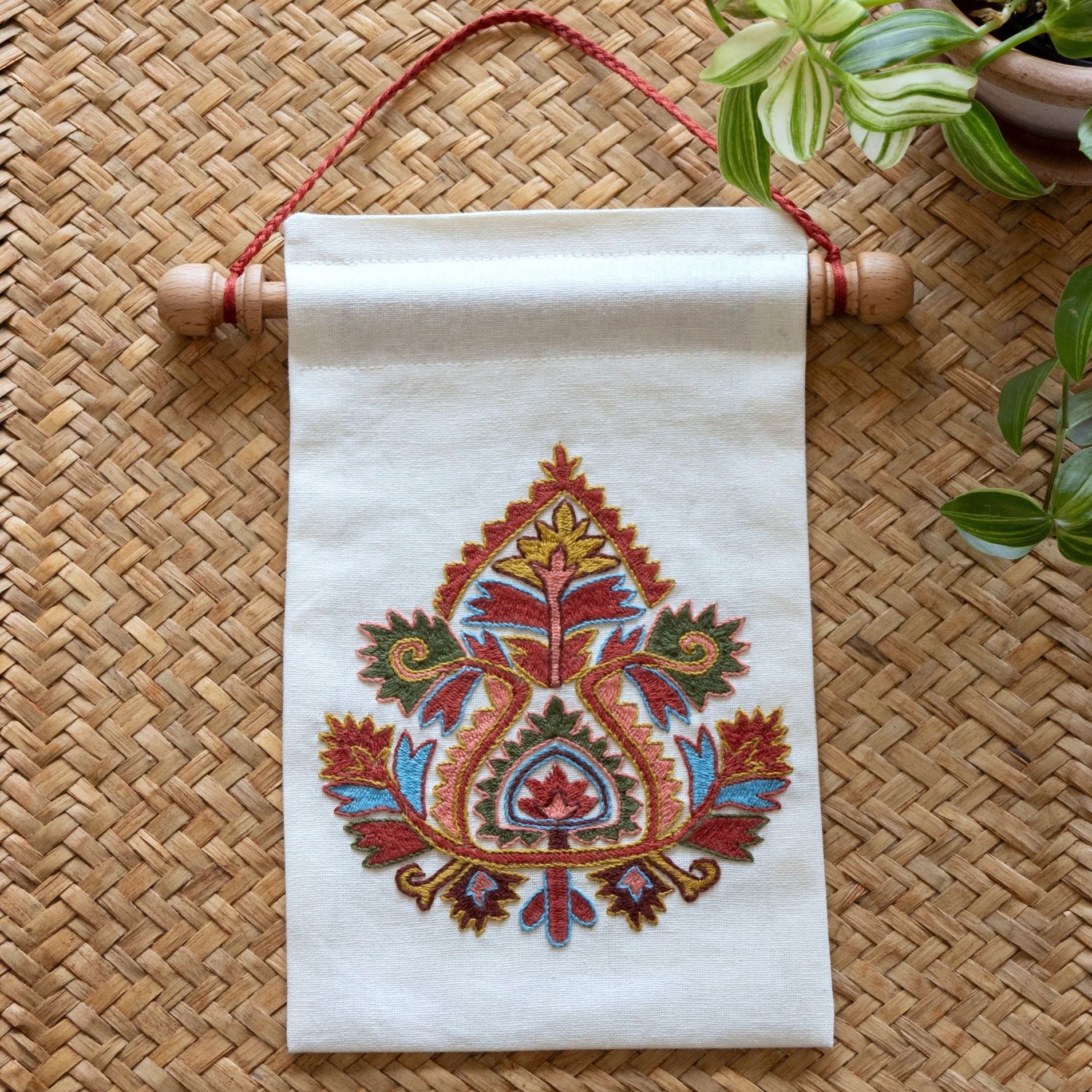 greek folk embroidery mini wall hanging with floral motif