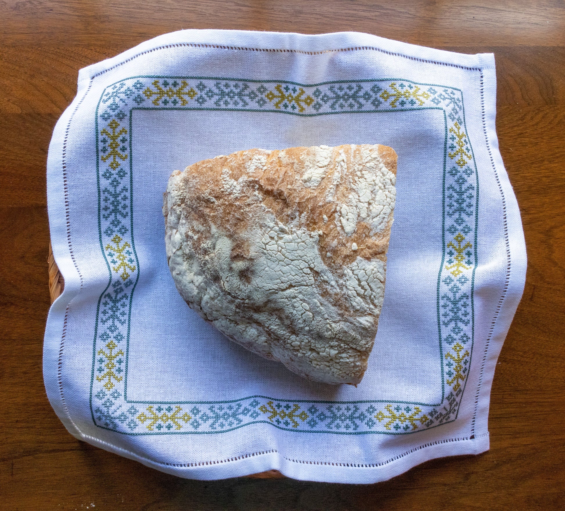 cloth with folk embroidery border in basket with bread