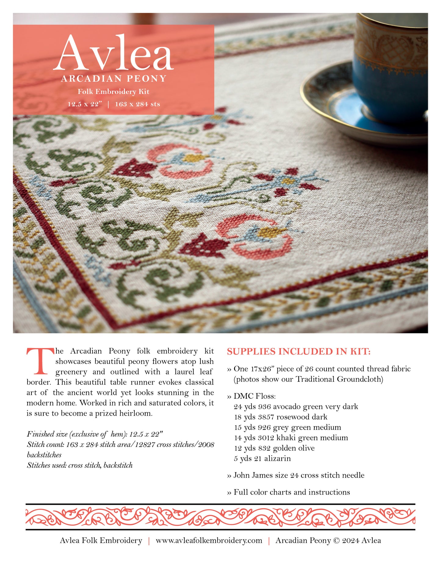 Arcadian Peony table runner folk embroidery PDF pattern