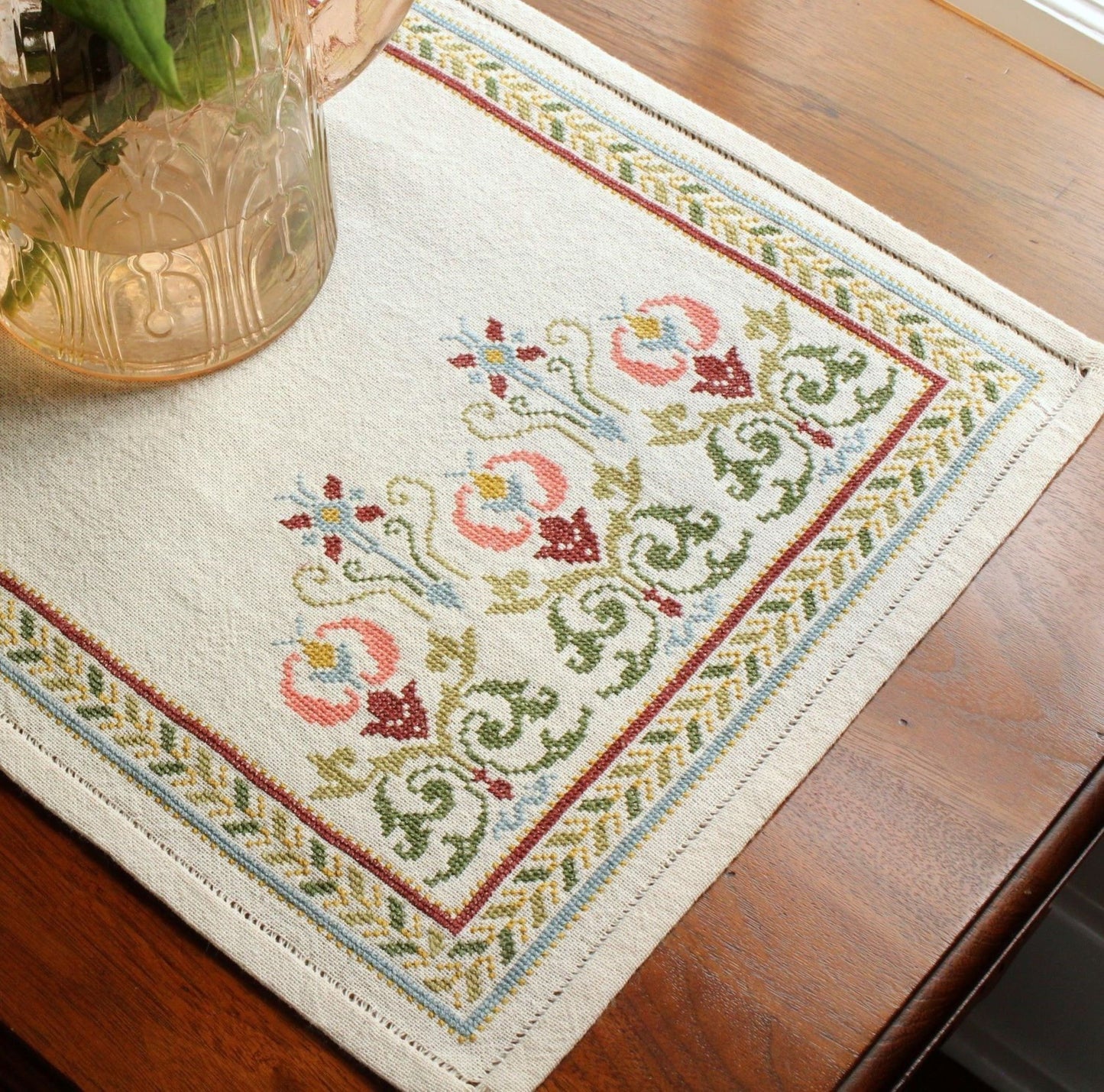 Arcadian Peony table runner folk embroidery PDF pattern