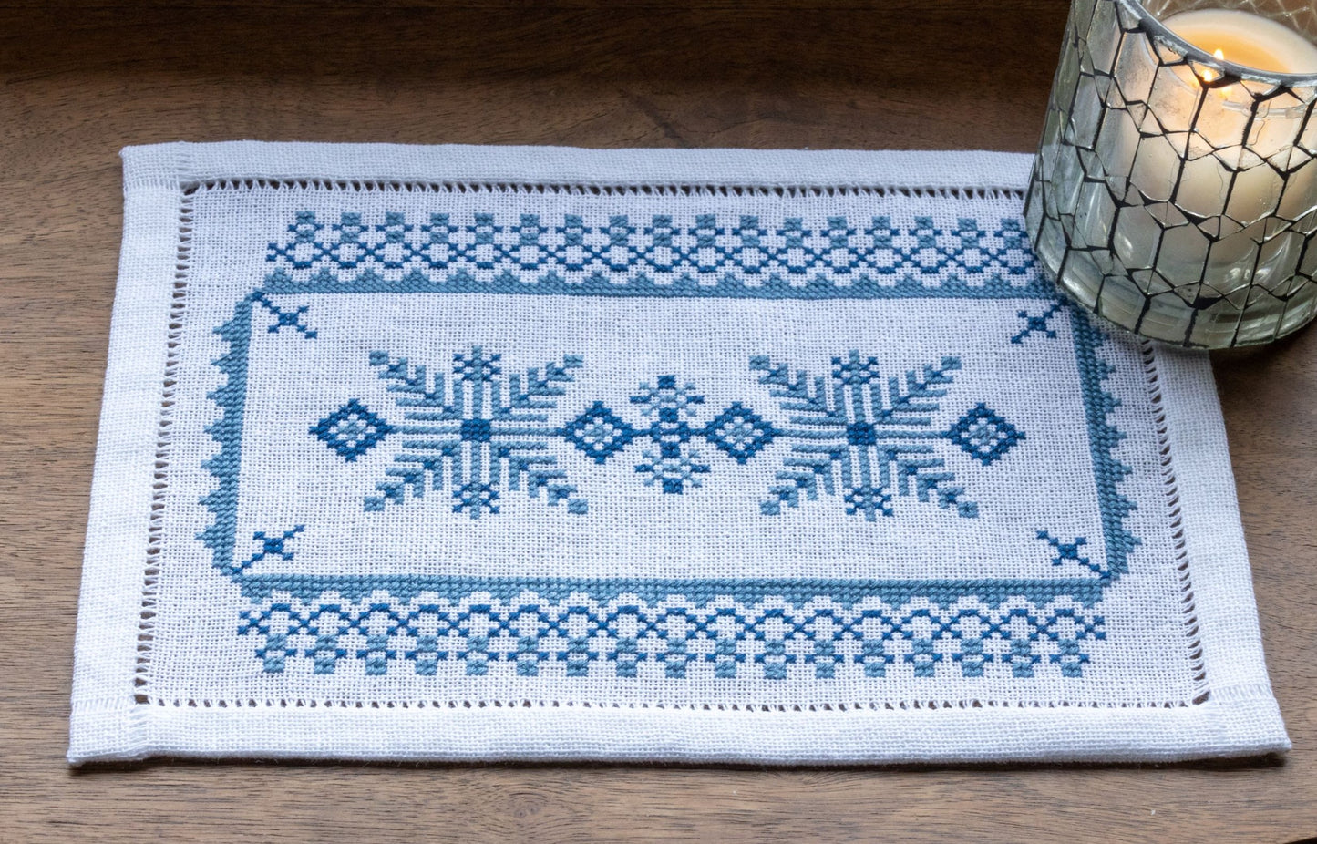 scandinavian folk embroidery design in blue and white