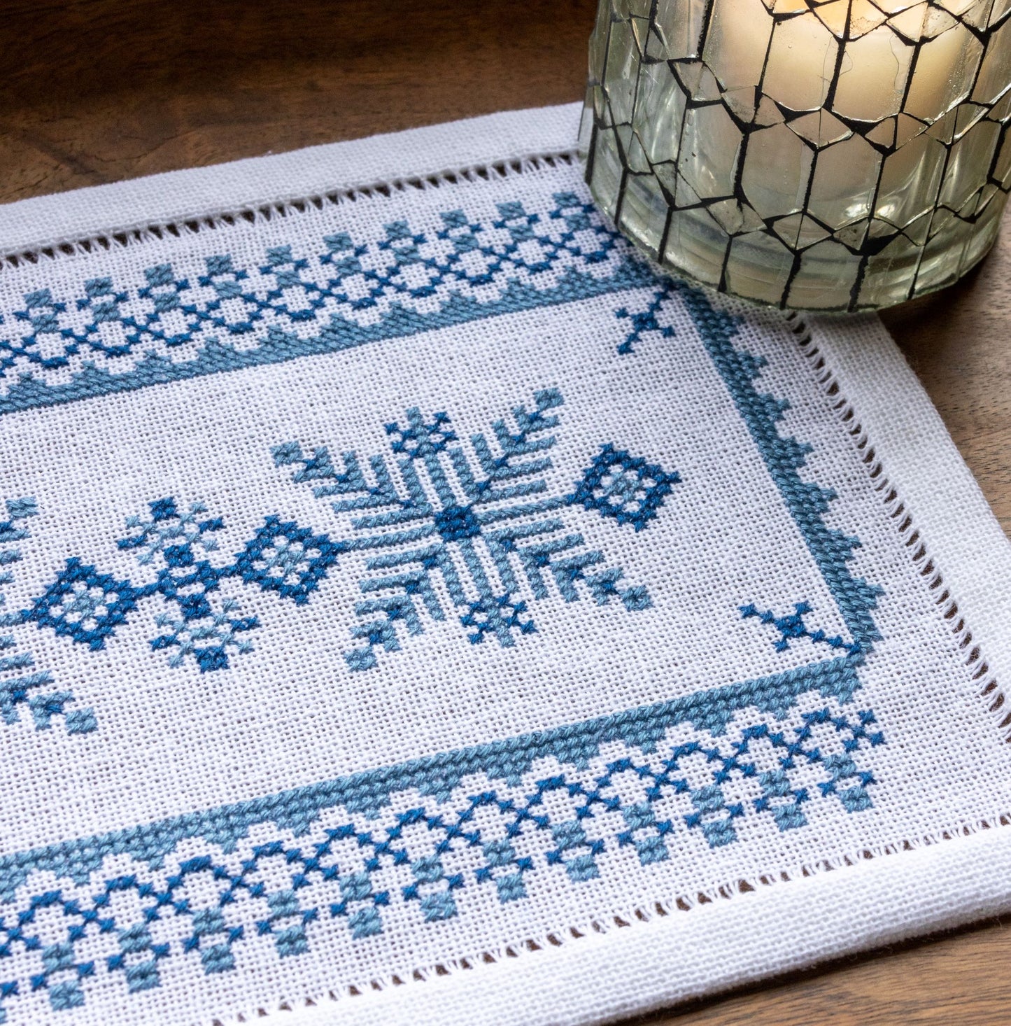 scandinavian folk embroidery design in blue and white