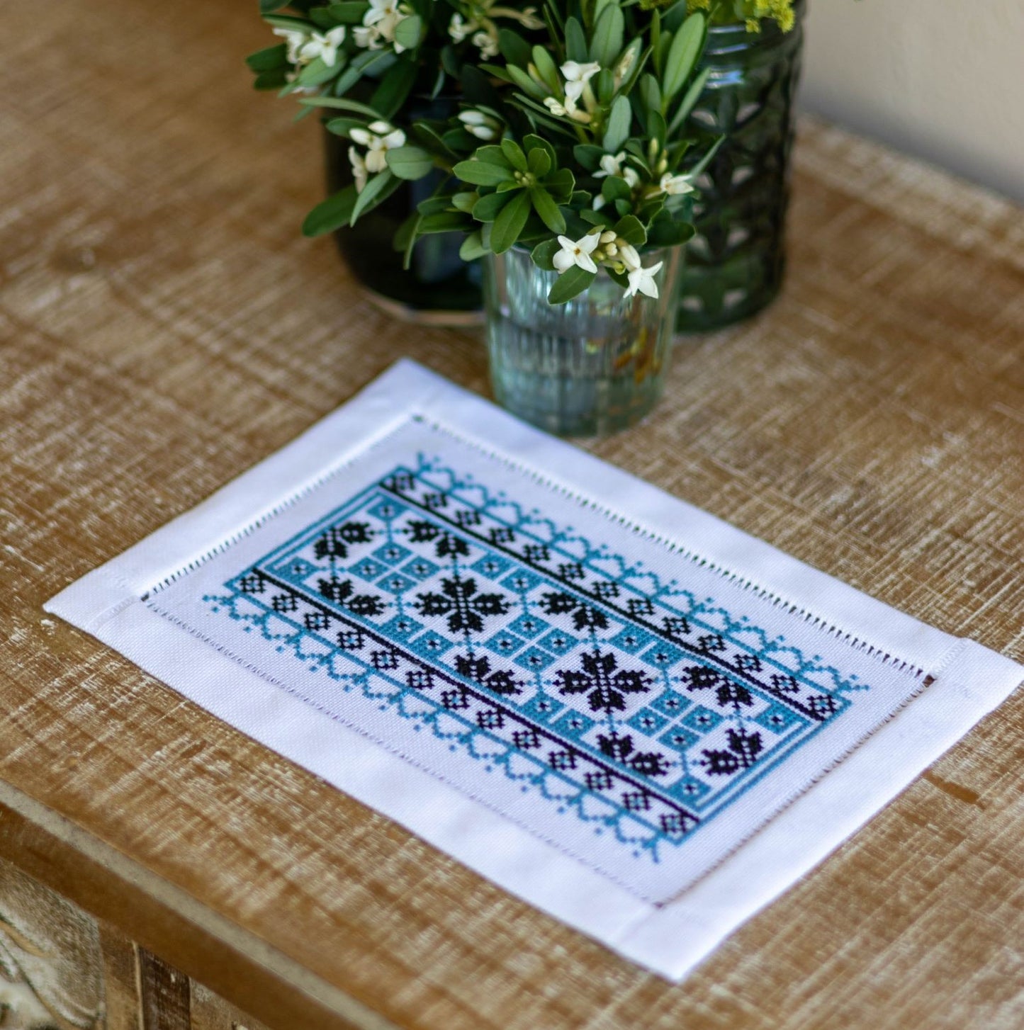 Ukrainian folk embroidery in blue and black