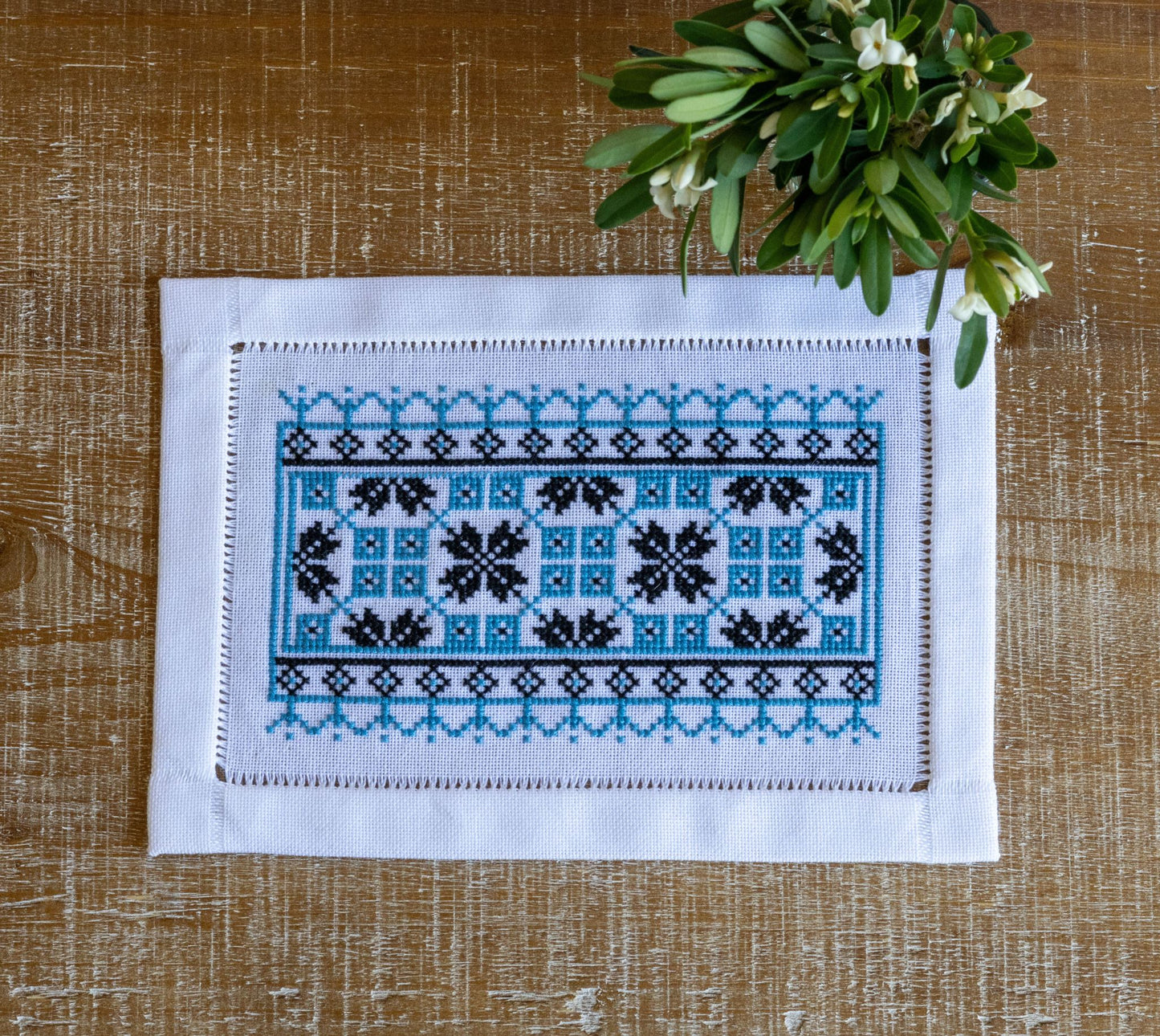 Ukrainian folk embroidery in blue and black