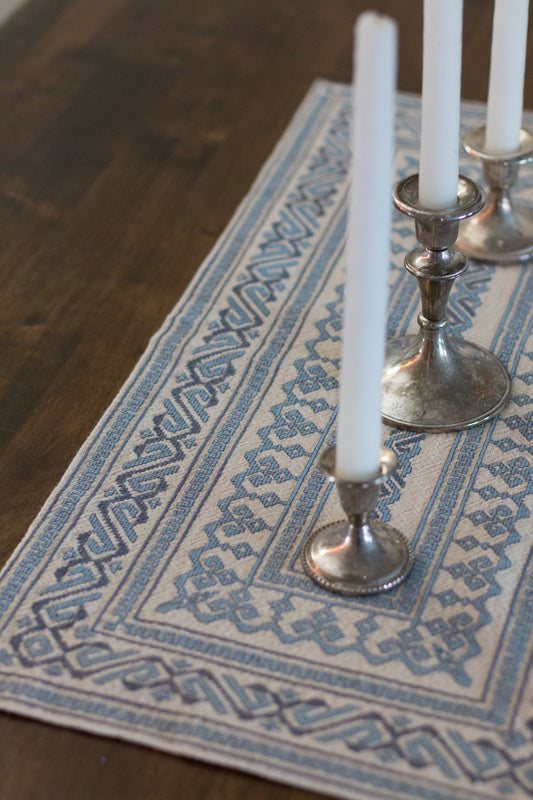 blue folk embroidery table runner