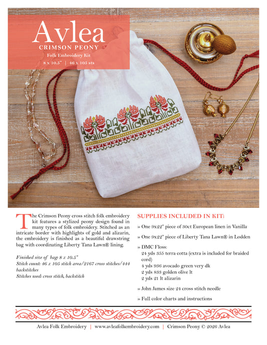 'NEW! Crimson Peony bag cross stitch folk embroidery PDF pattern