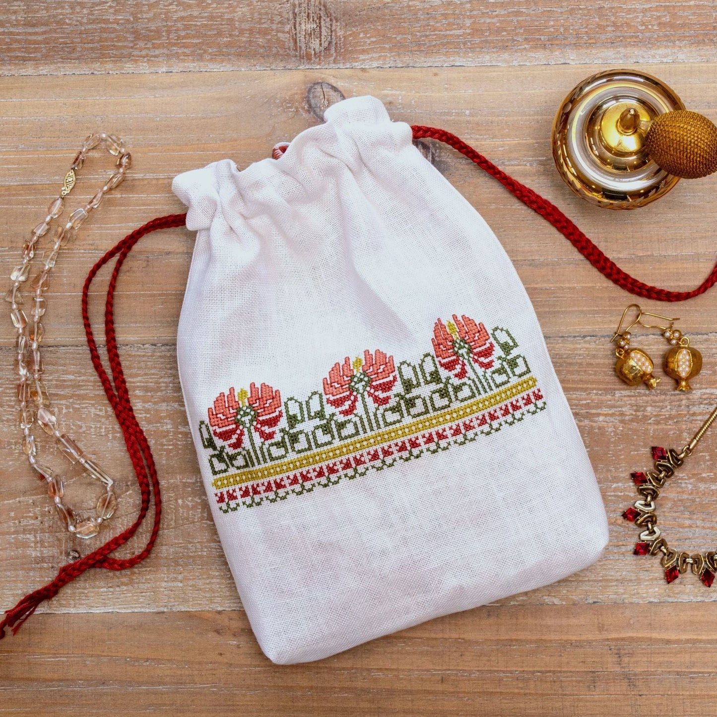 cross stitch folk embroidery bag with peony design