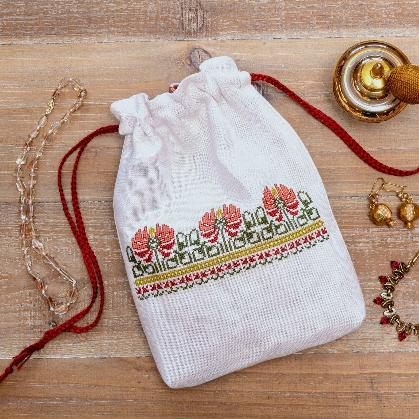 cross stitch folk embroidery bag with red peony design