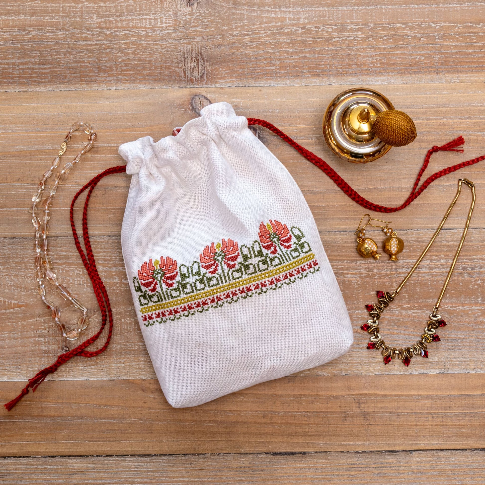 cross stitch folk embroidery bag with peony design