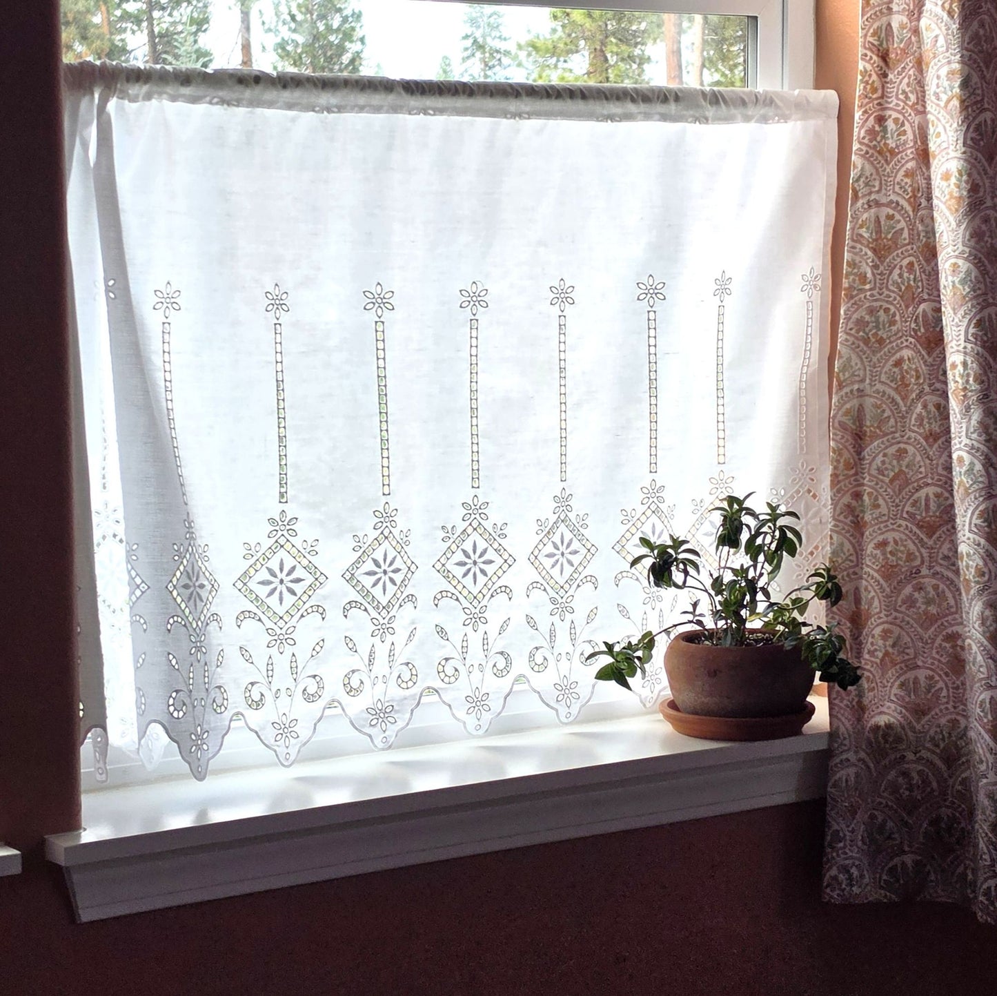 Greek eyelet cafe curtain fabric