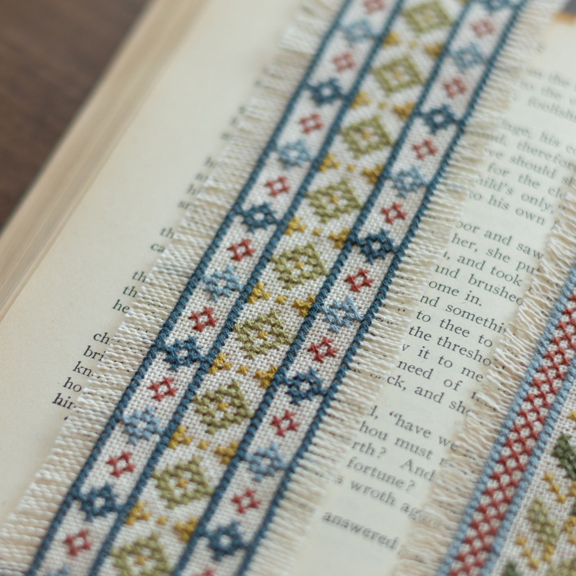 Decorative bookmarks with floral patterns on an open book