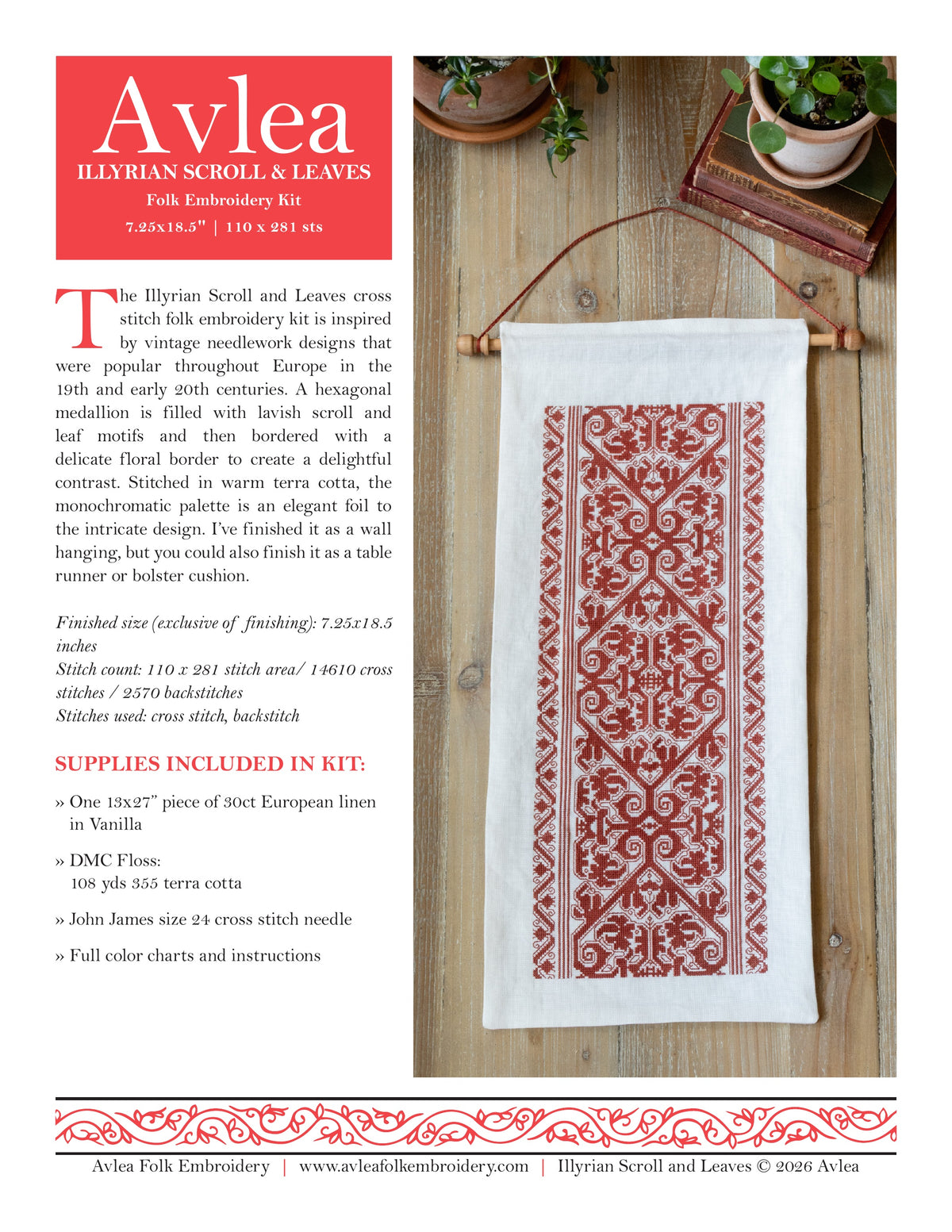 Illyrian Scroll and Leaves cross stitch folk embroidery PDF pattern