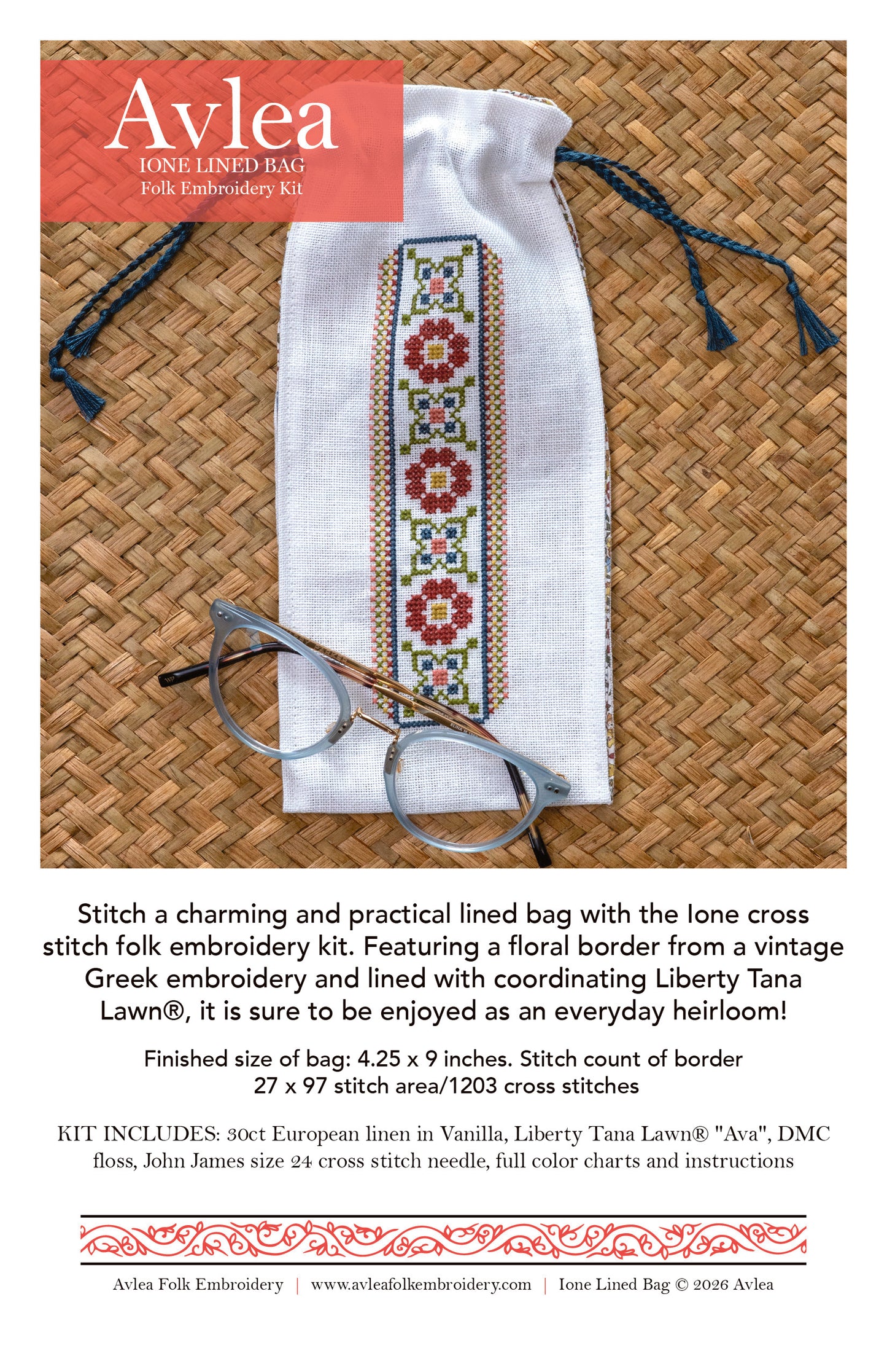 'NEW! Ione lined bag cross stitch folk embroidery kit